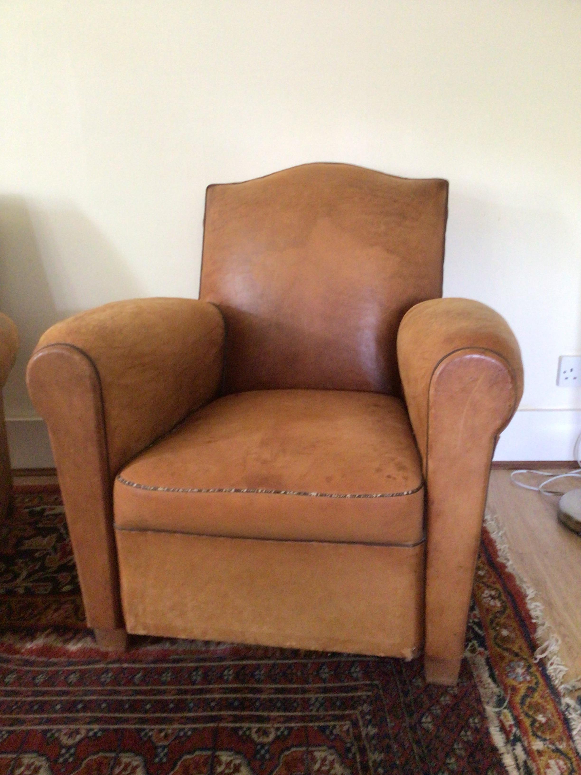 20th Century Pair of Antique French Art Deco Leather Club Armchairs. For Sale