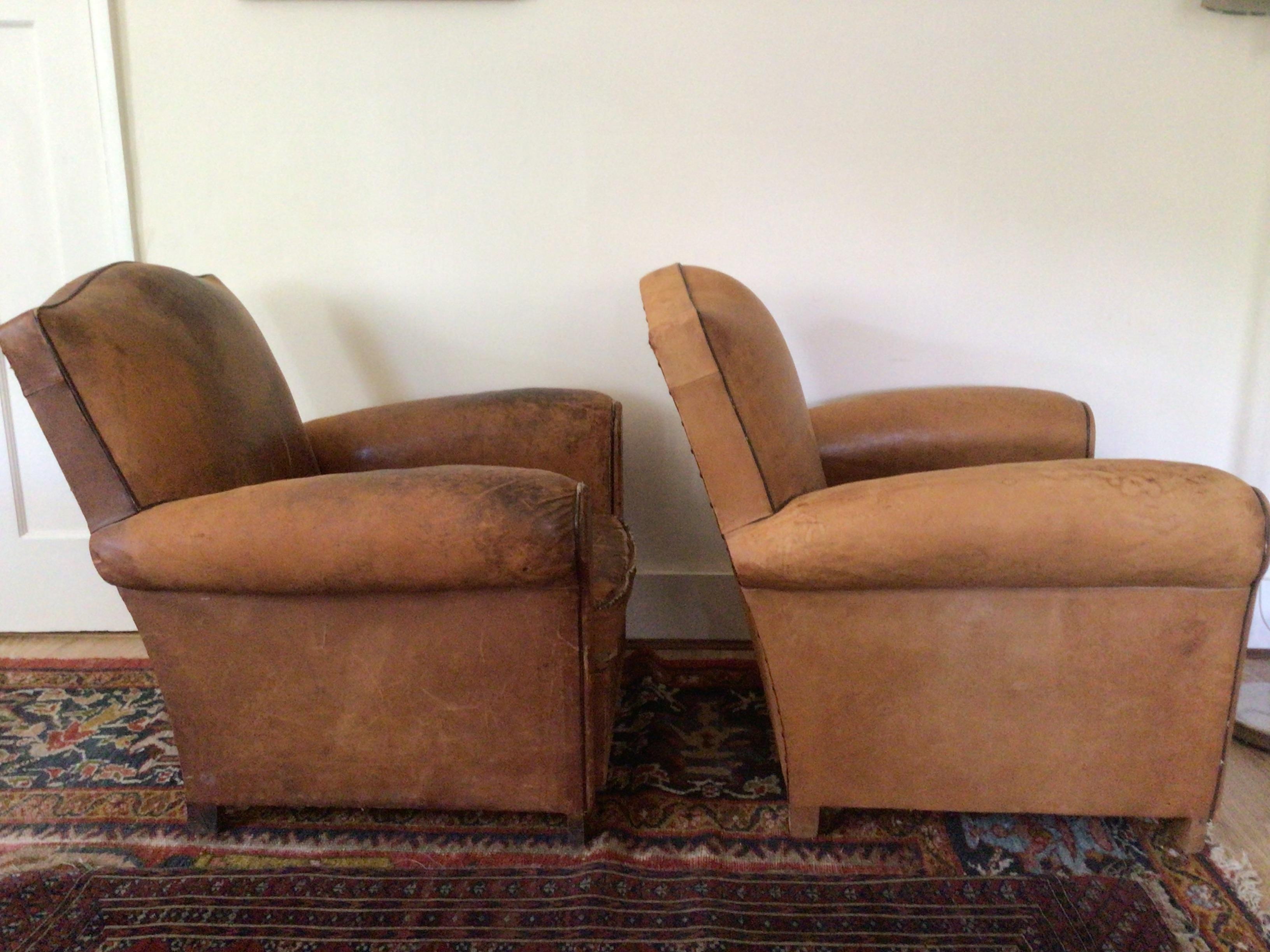 Pair of Antique French Art Deco Leather Club Armchairs. For Sale 2