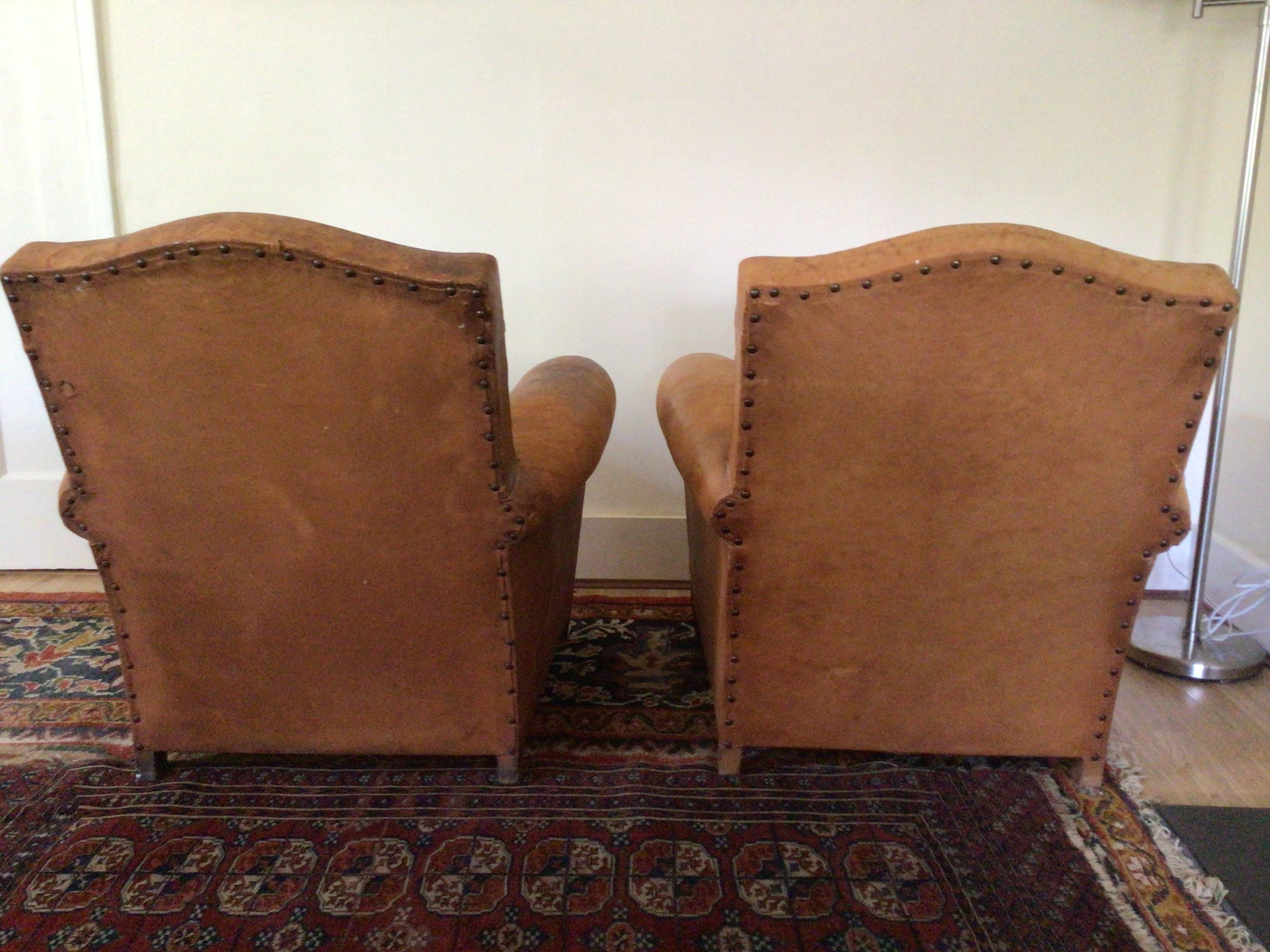 Pair of Antique French Art Deco Leather Club Armchairs. For Sale 3