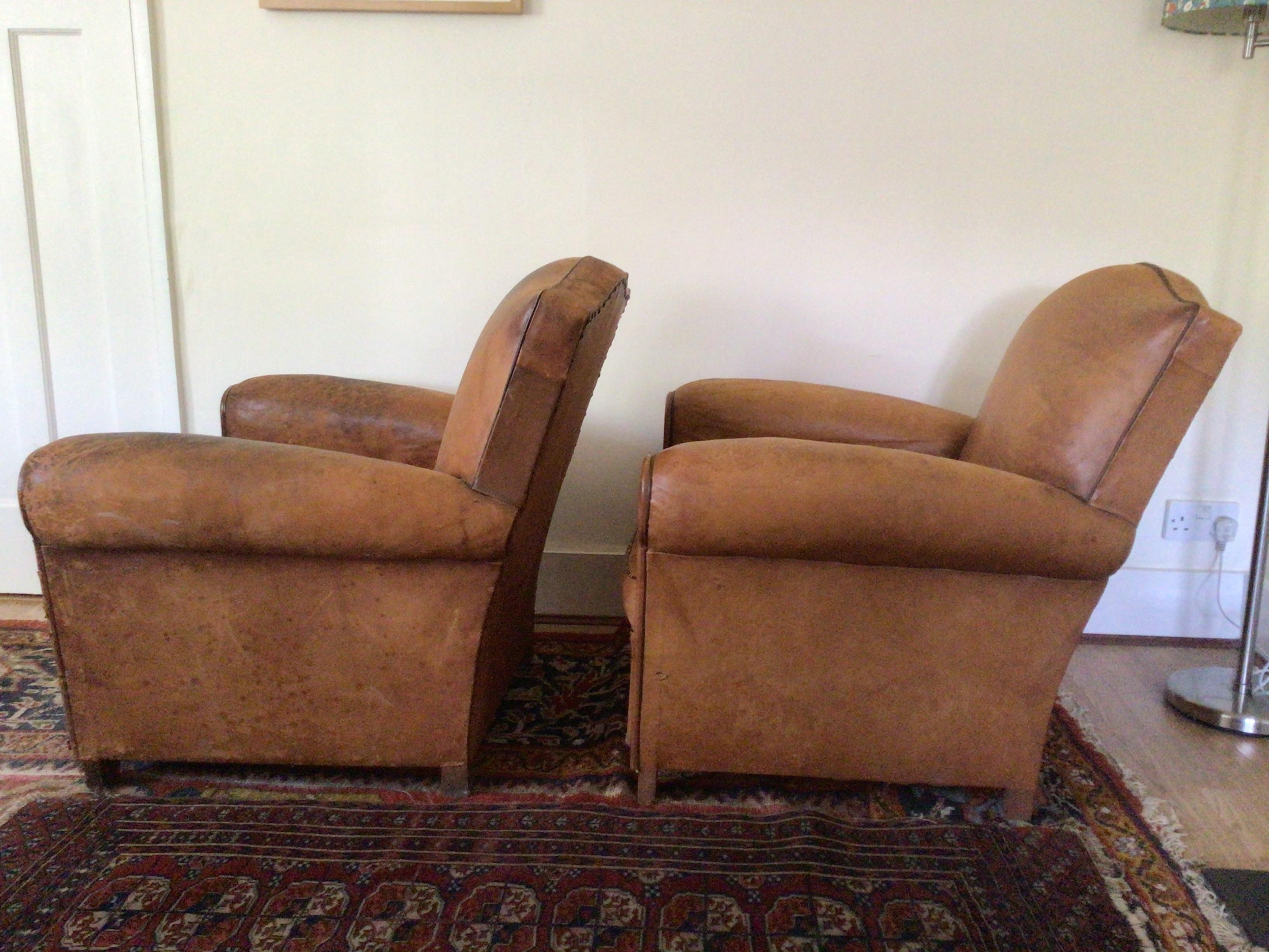Pair of Antique French Art Deco Leather Club Armchairs. For Sale 4