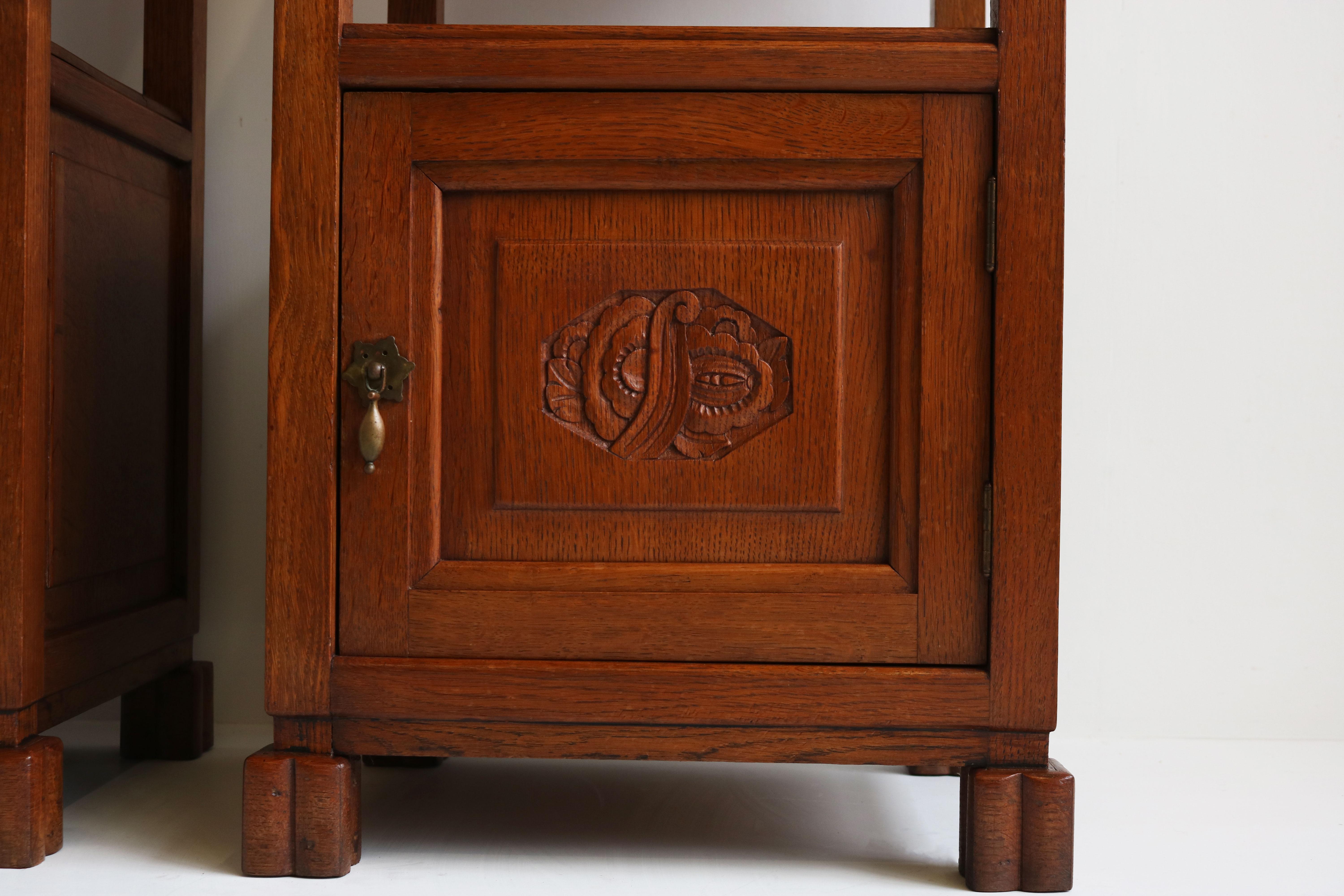 Early 20th Century Pair of Antique French Art Deco Nightstands / Bedside Tables Oak Black Marble