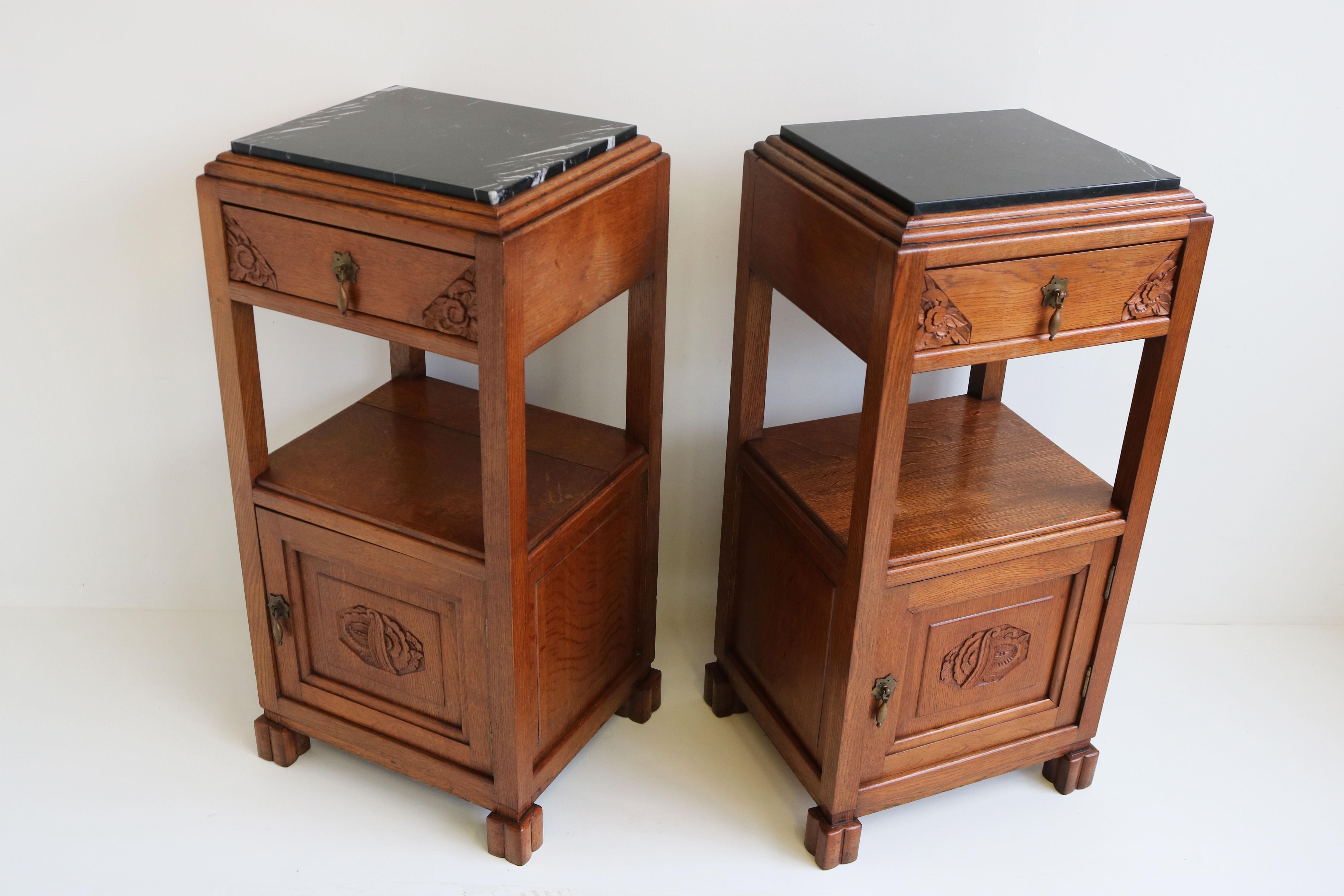 Belgian Black Marble Pair of Antique French Art Deco Nightstands / Bedside Tables Oak Black Marble