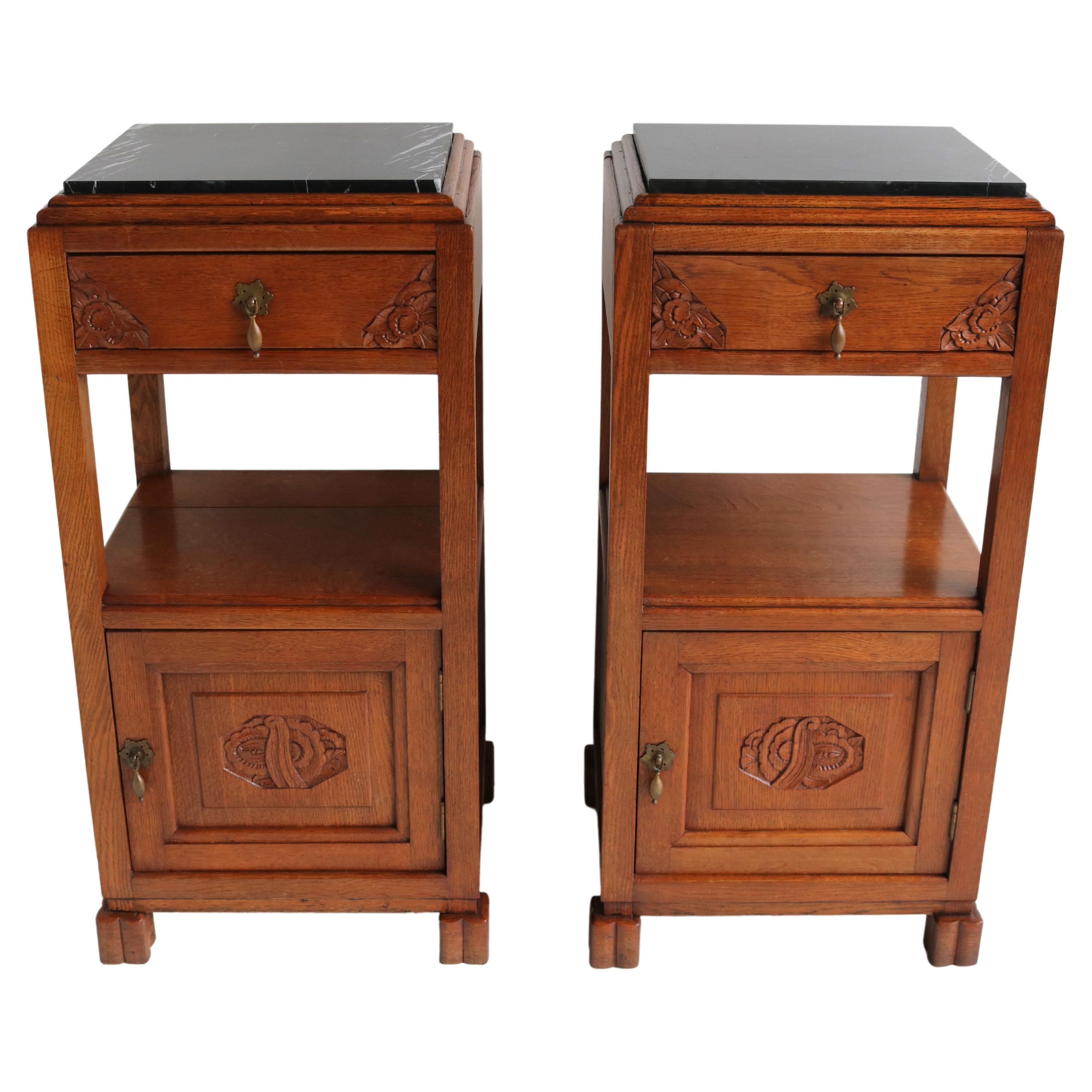 Pair of Antique French Art Deco Nightstands / Bedside Tables Oak Black Marble