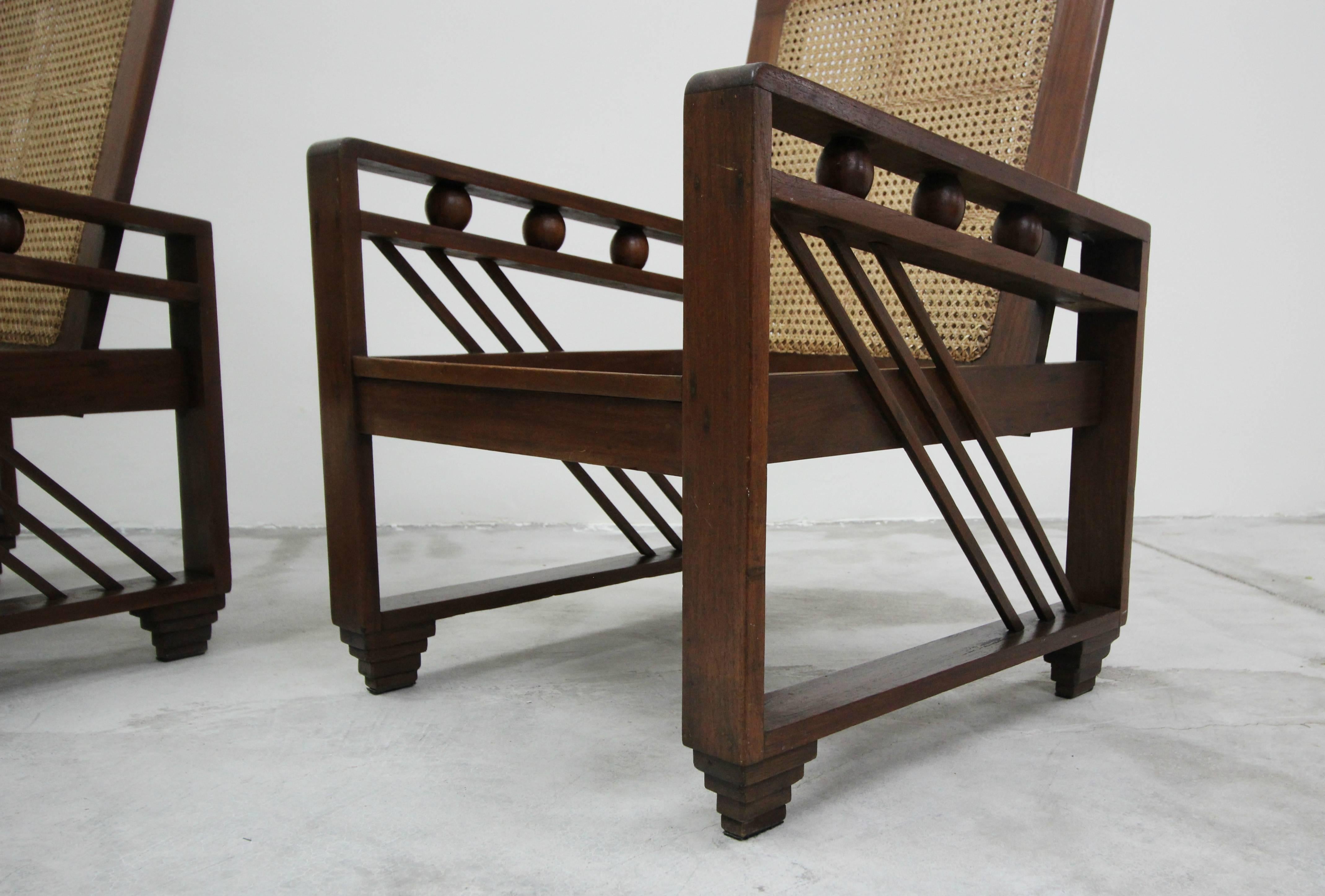 Pair of Antique French Art Deco Solid Wood Lounge Chairs with Cane Backs & Seats In Excellent Condition In Las Vegas, NV