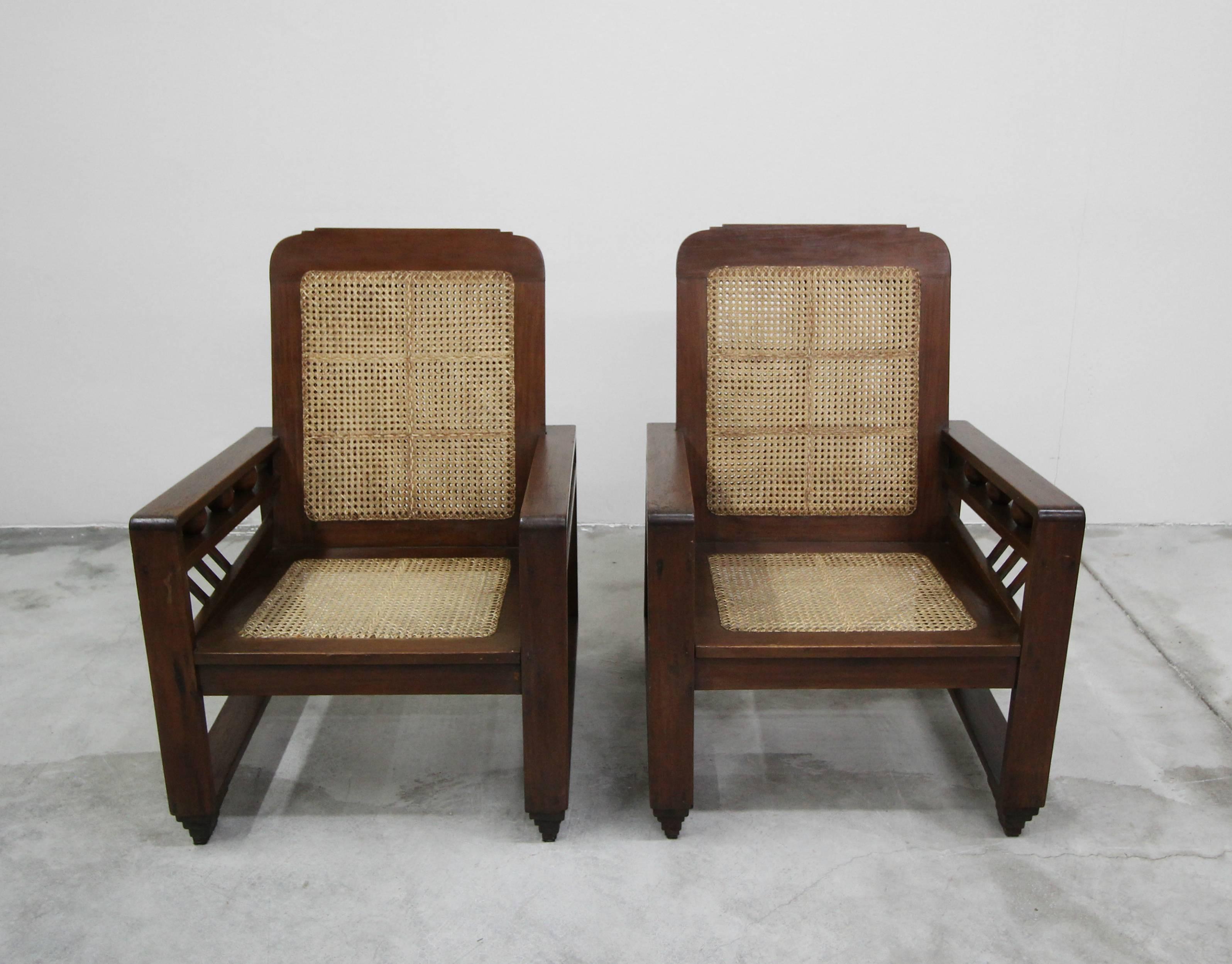 Pair of Antique French Art Deco Solid Wood Lounge Chairs with Cane Backs & Seats 2