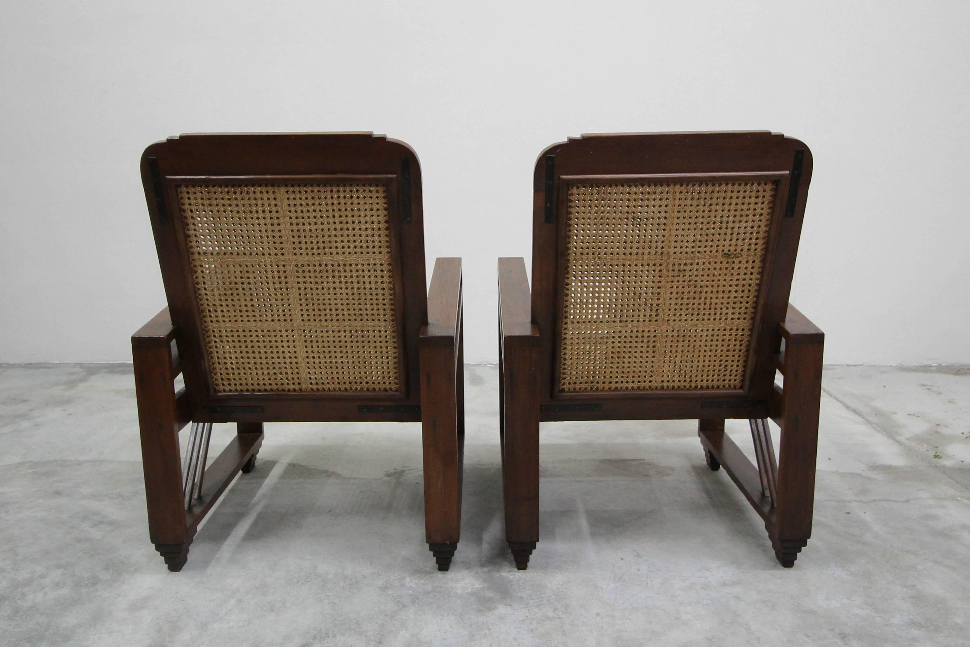 Pair of Antique French Art Deco Solid Wood Lounge Chairs with Cane Backs & Seats 3
