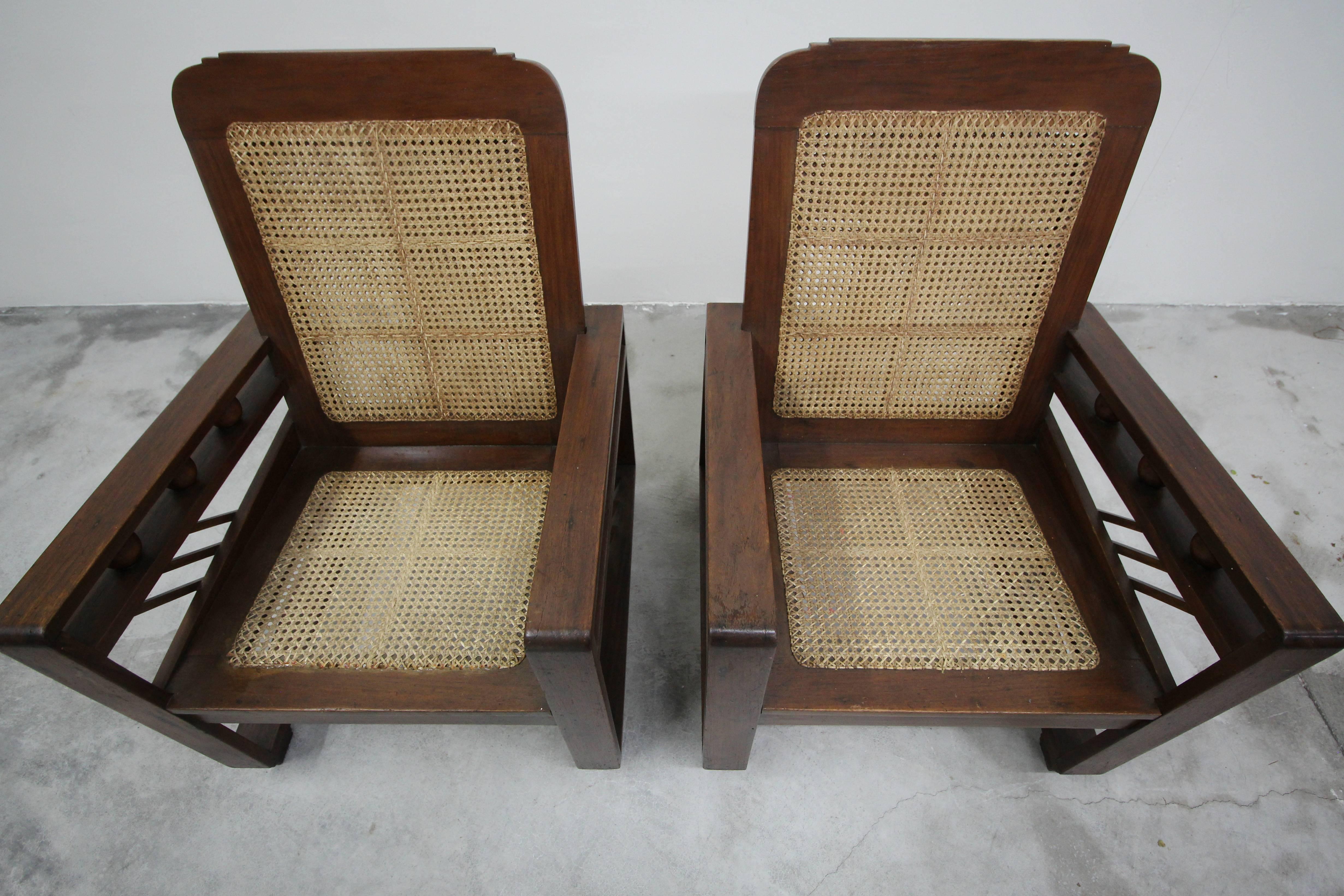 Pair of Antique French Art Deco Solid Wood Lounge Chairs with Cane Backs & Seats 4