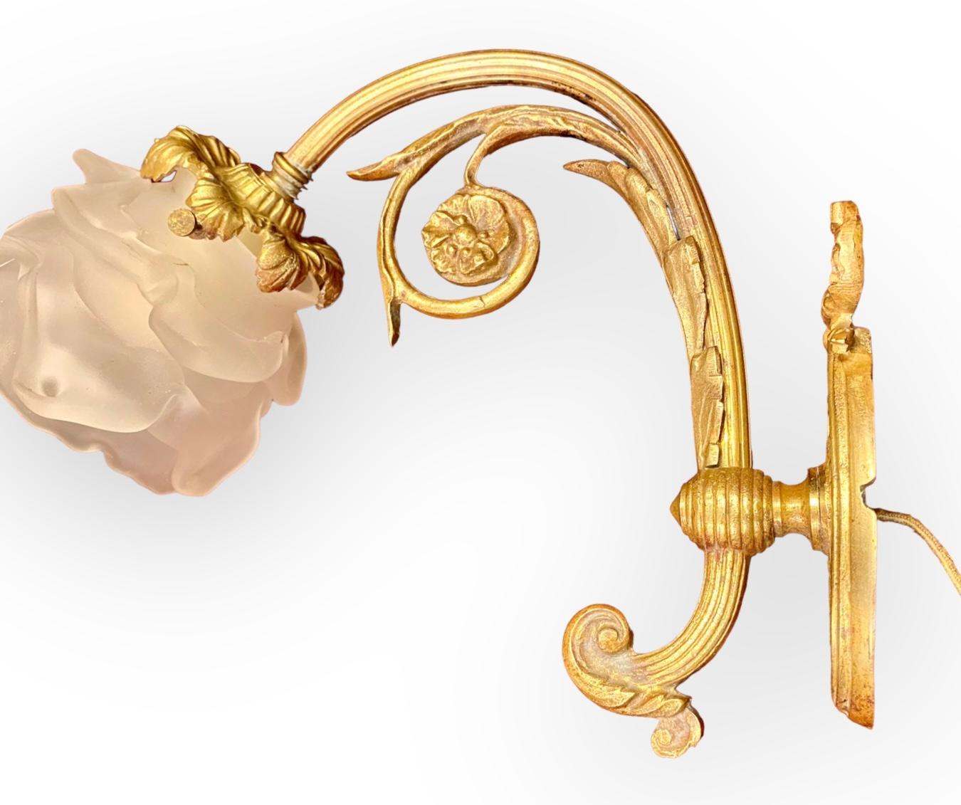 Frosted Pair Of Antique French Art Nouveau Gilt Bronze Wall Sconces