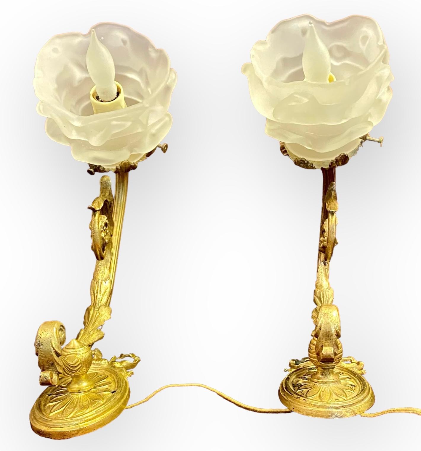 Late 19th Century Pair Of Antique French Art Nouveau Gilt Bronze Wall Sconces