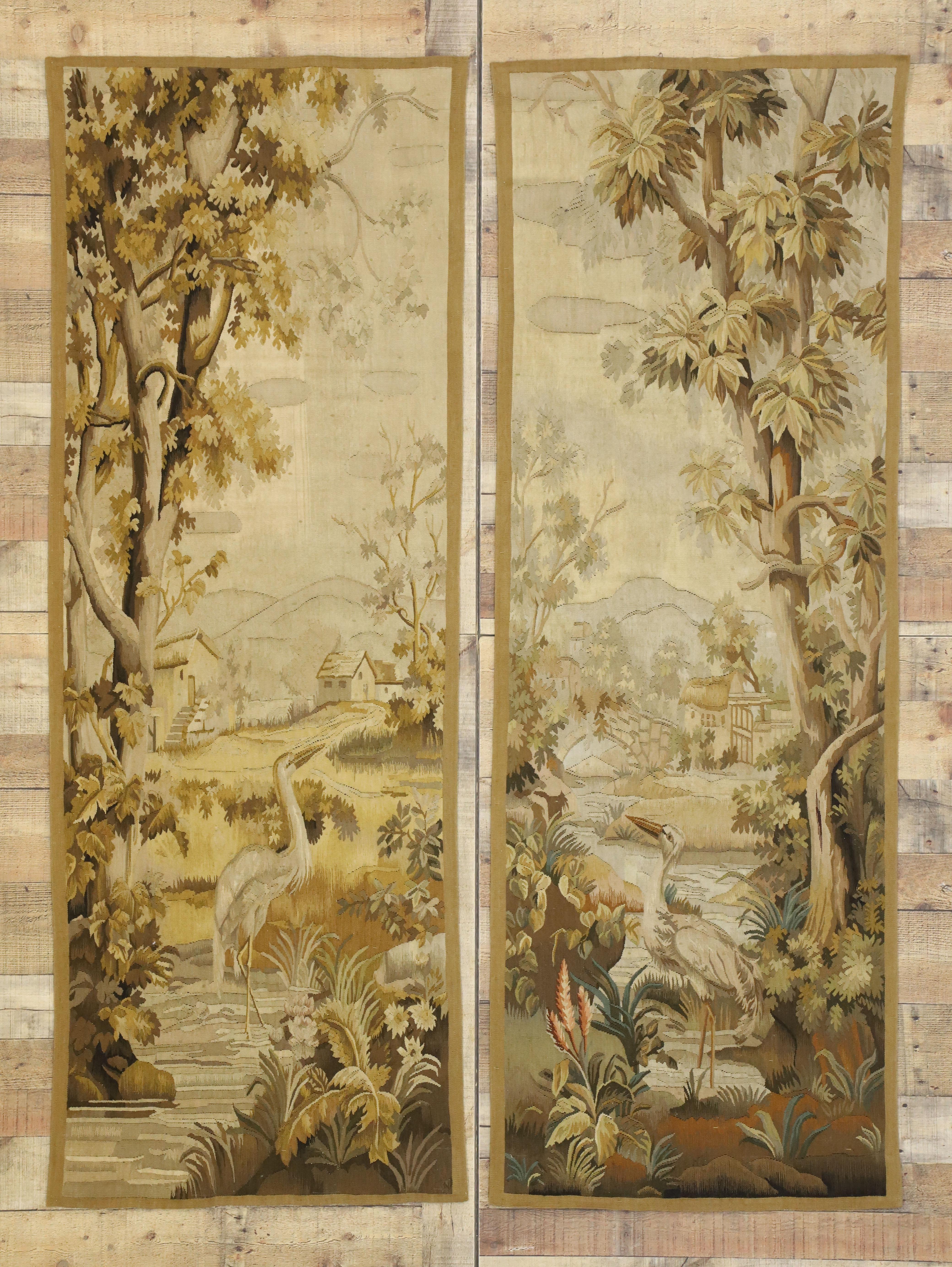 Pair of Antique French Aubusson Flemish Tapestries with Verdure Landscape Scene 12