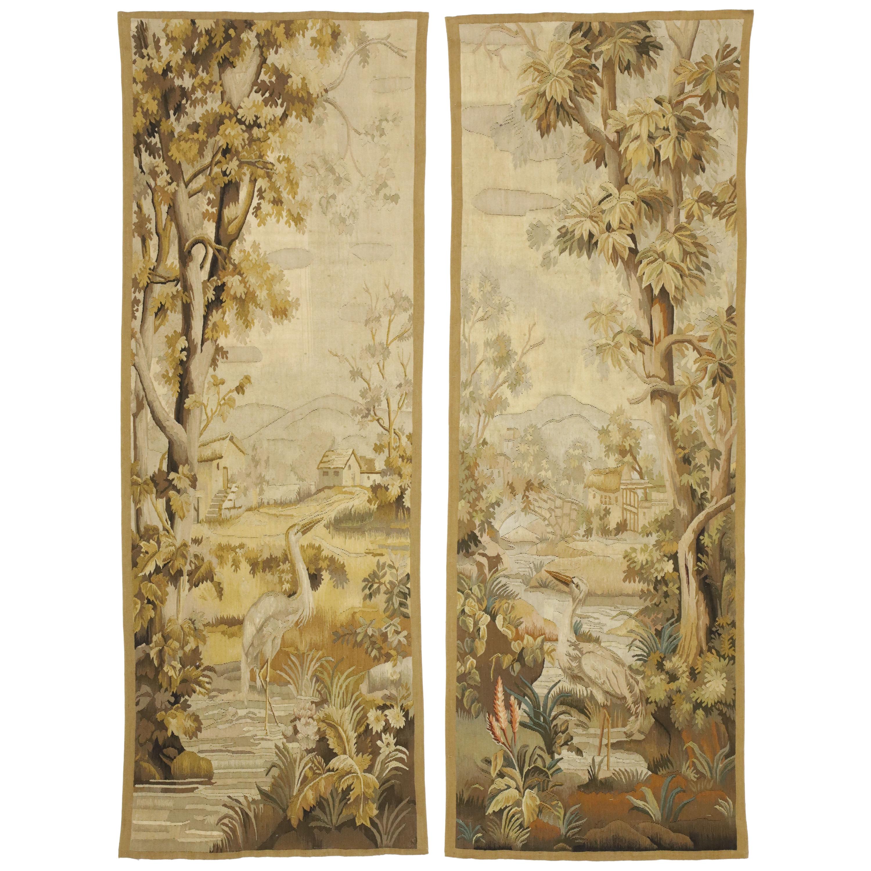 Pair of Antique French Aubusson Flemish Tapestries with Verdure Landscape Scene