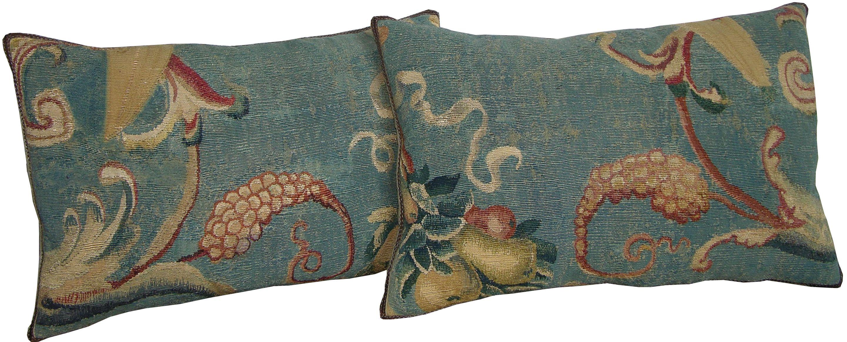 Pair of Antique French Aubusson Pillows circa 18th Century 1756p 1757p In Good Condition For Sale In Los Angeles, CA