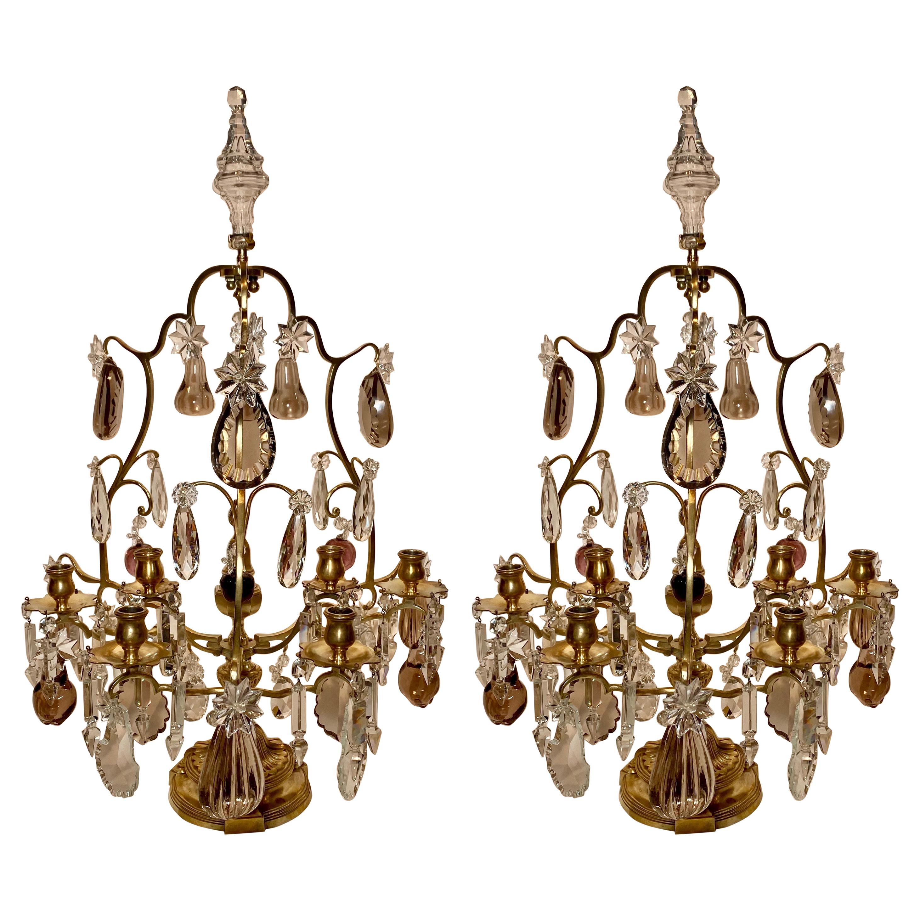 Pair of Antique French Baccarat and Bronze Lyre Girondolles, circa 1875-1885