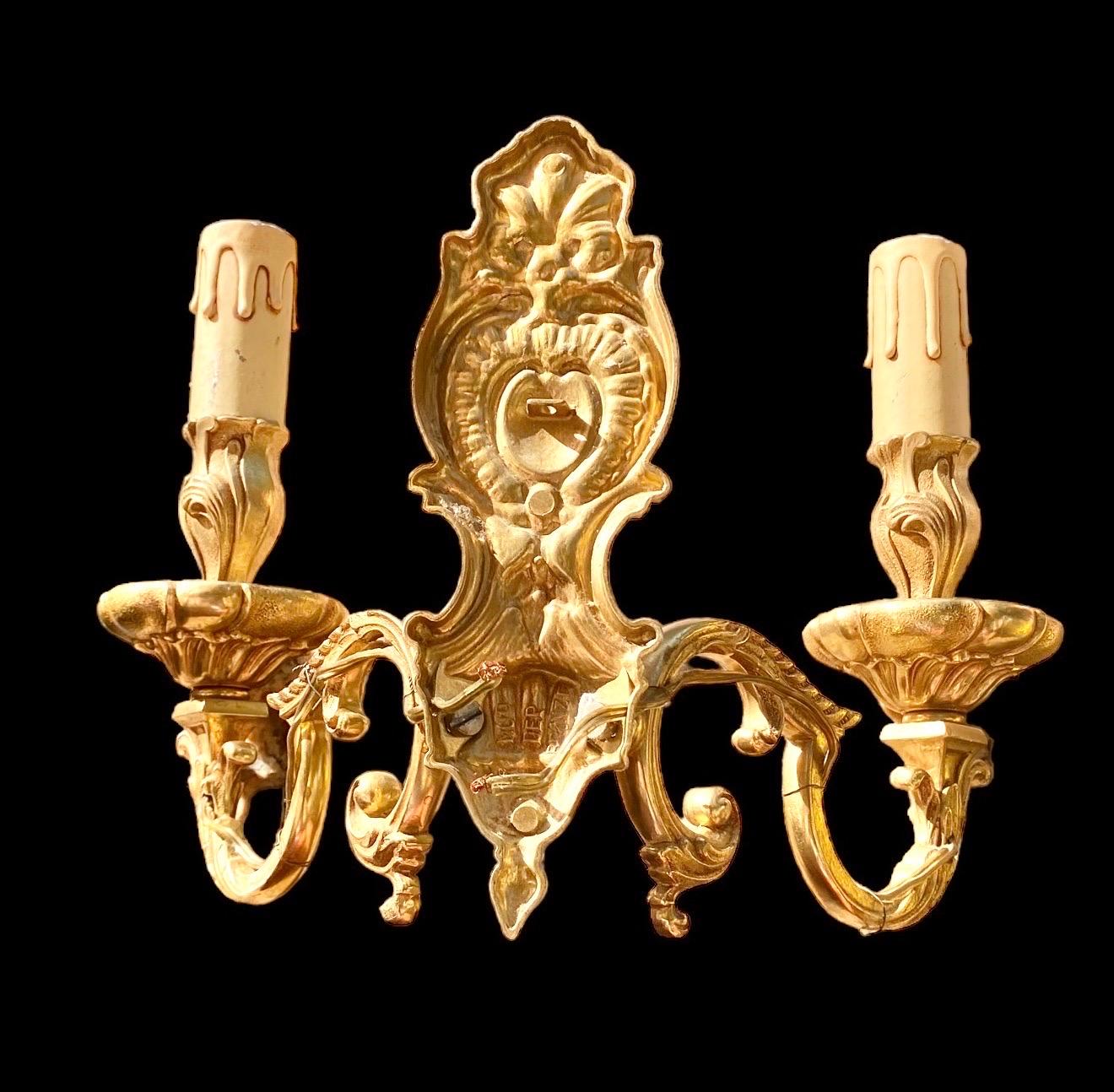 Pair Of Antique French Beau Arts Gilded Bronze Two Arm Electrified Wall Sconces For Sale 4