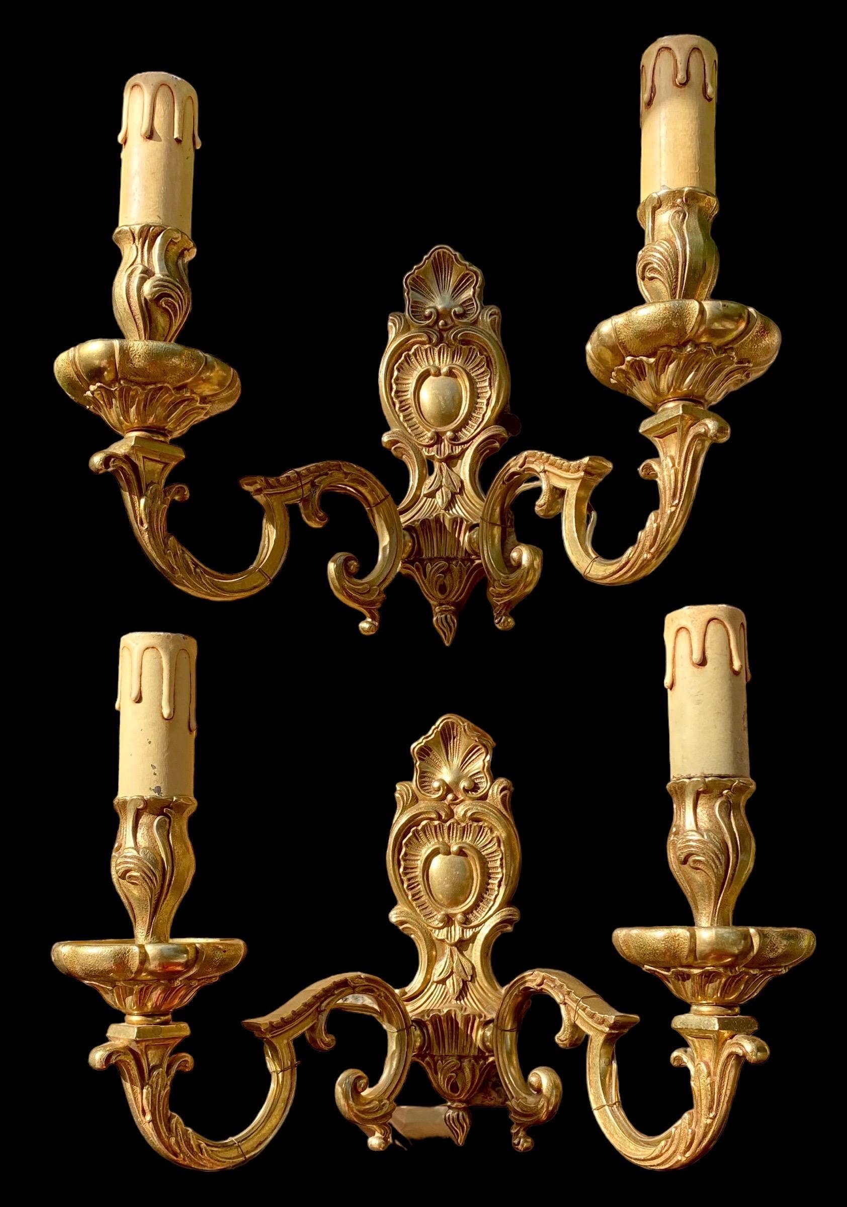 Early 20th Century Pair Of Antique French Beau Arts Gilded Bronze Two Arm Electrified Wall Sconces For Sale
