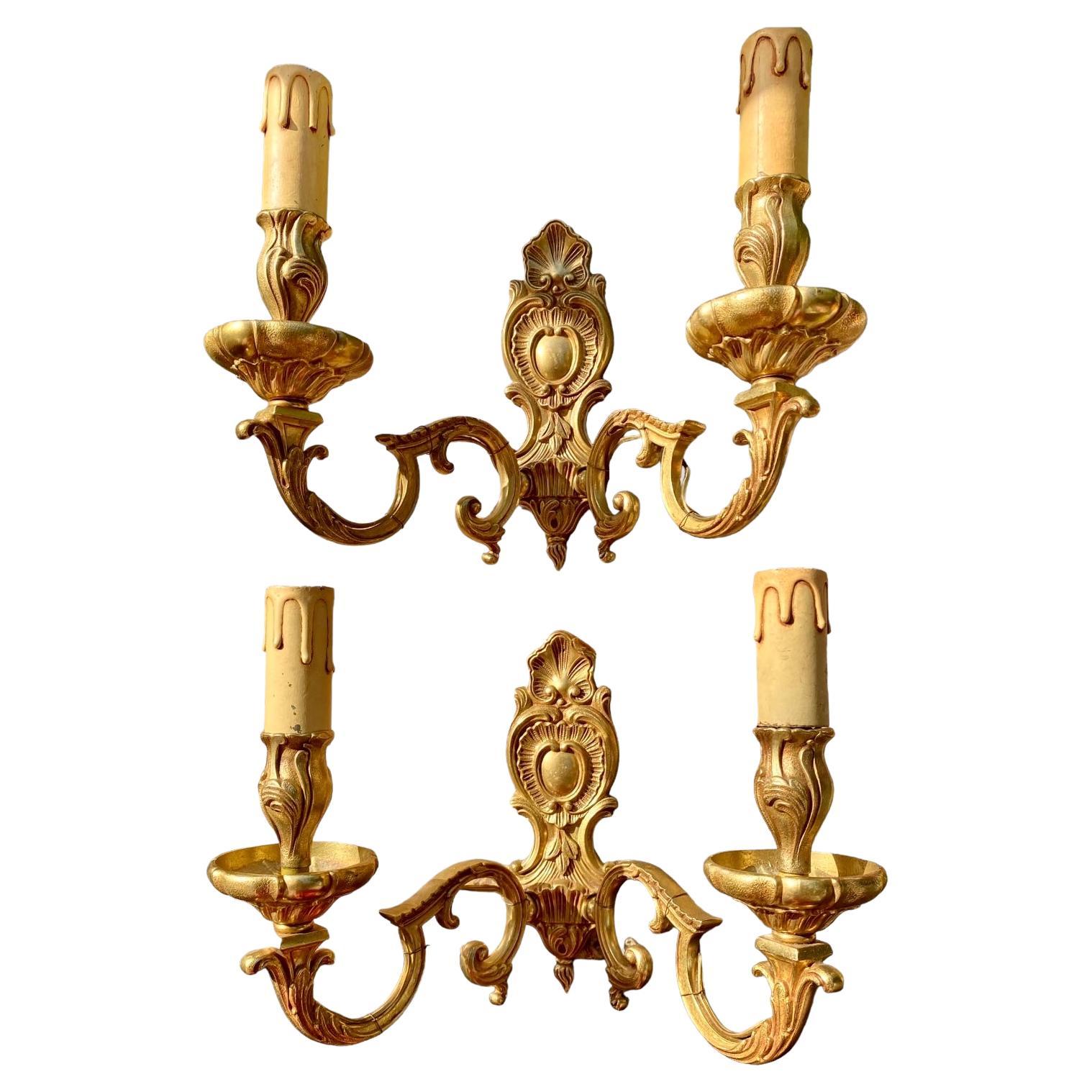 Pair Of Antique French Beau Arts Gilded Bronze Two Arm Electrified Wall Sconces For Sale