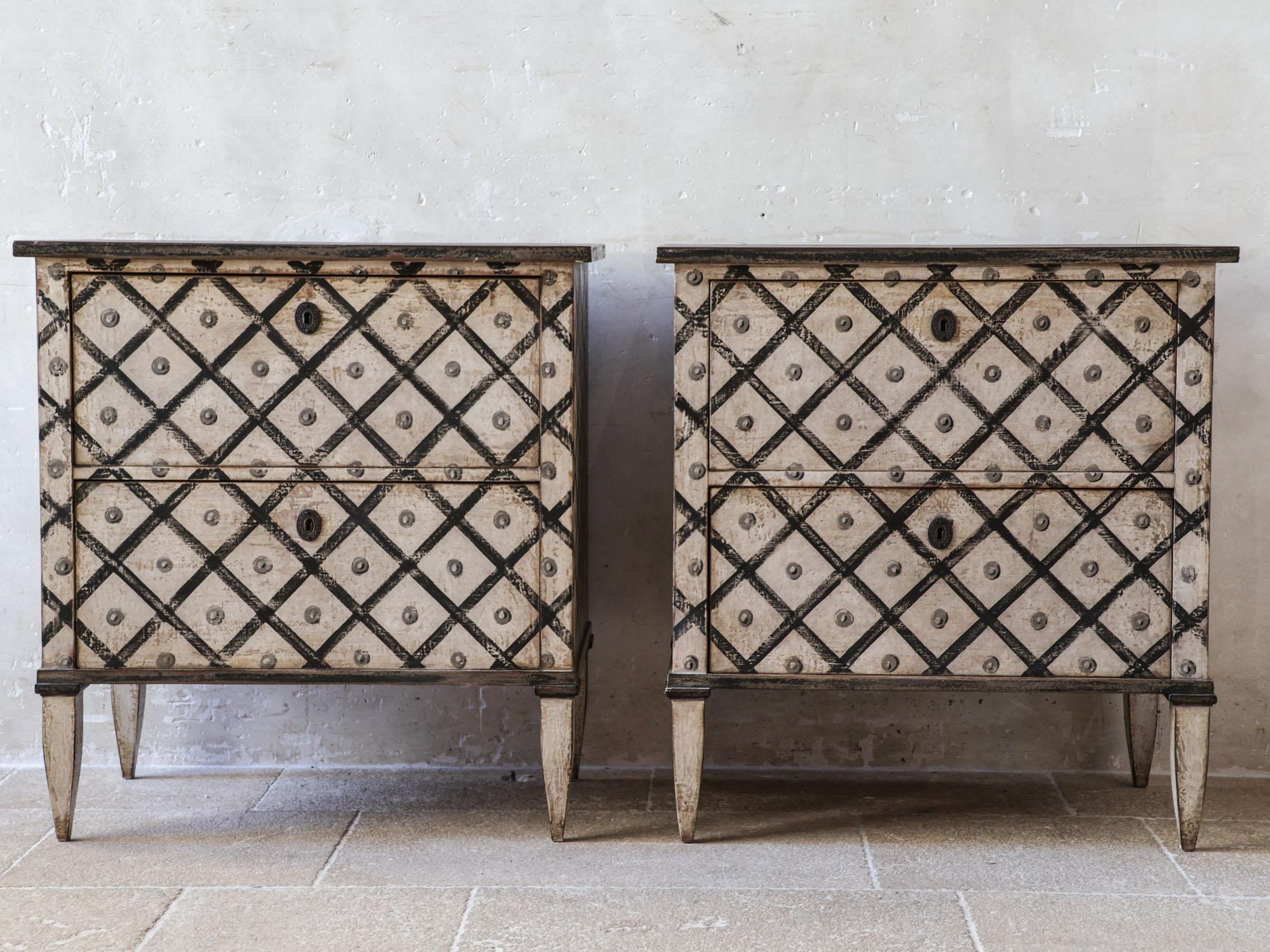 19th Century Pair of antique French bedside tables - chests of drawers with diamond pattern