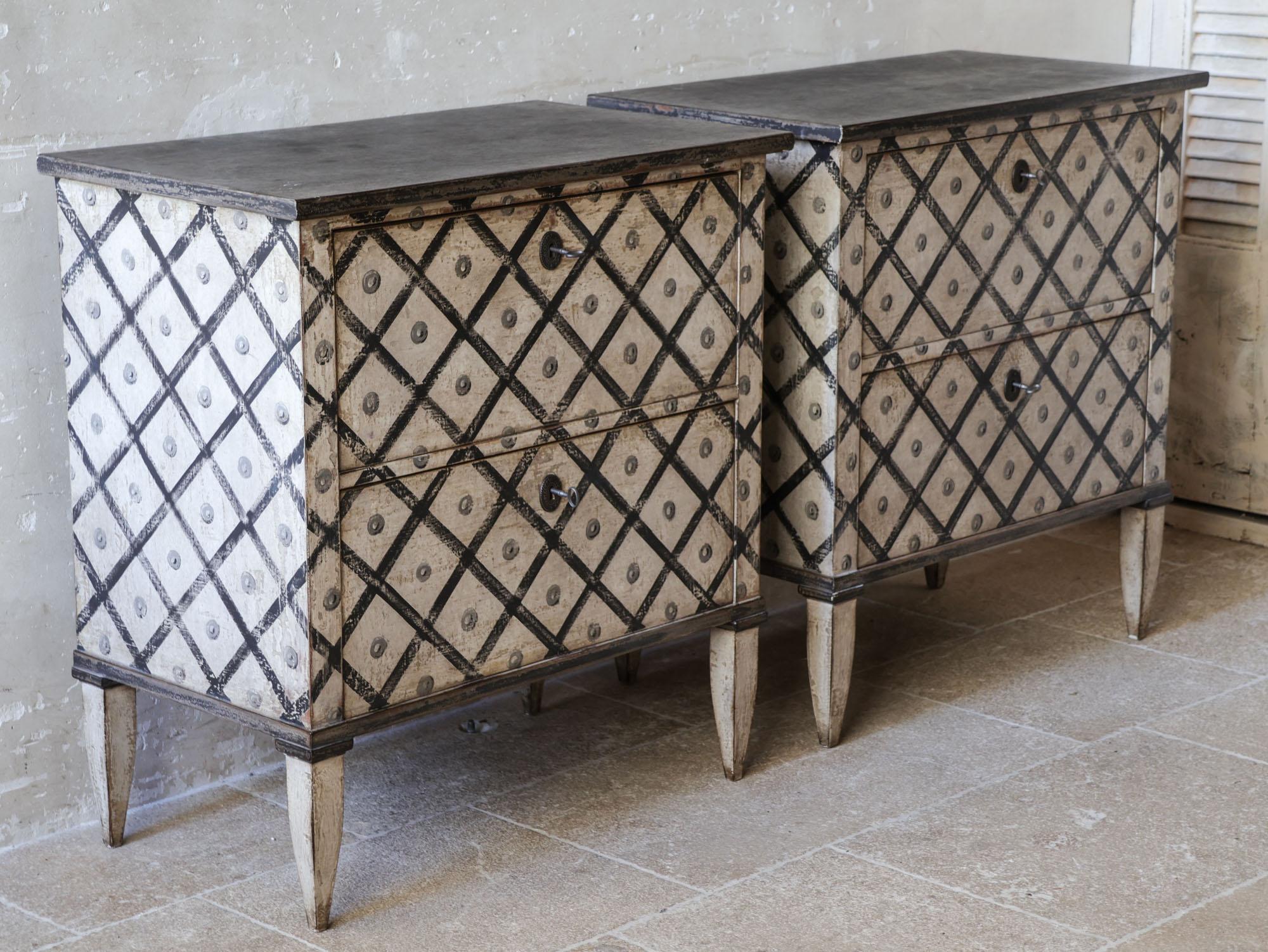 Pine Pair of antique French bedside tables - chests of drawers with diamond pattern