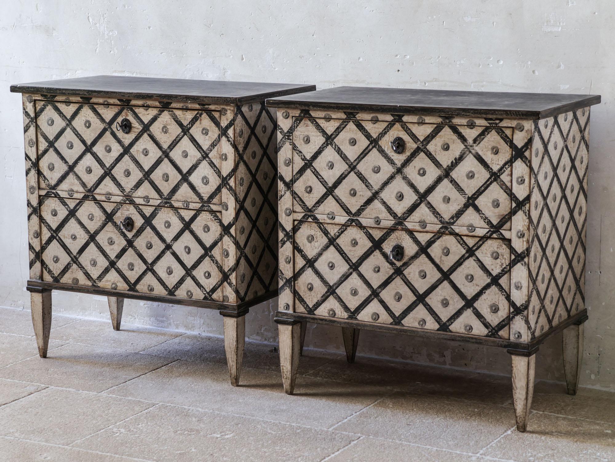 Pair of antique French bedside tables - chests of drawers with diamond pattern 1