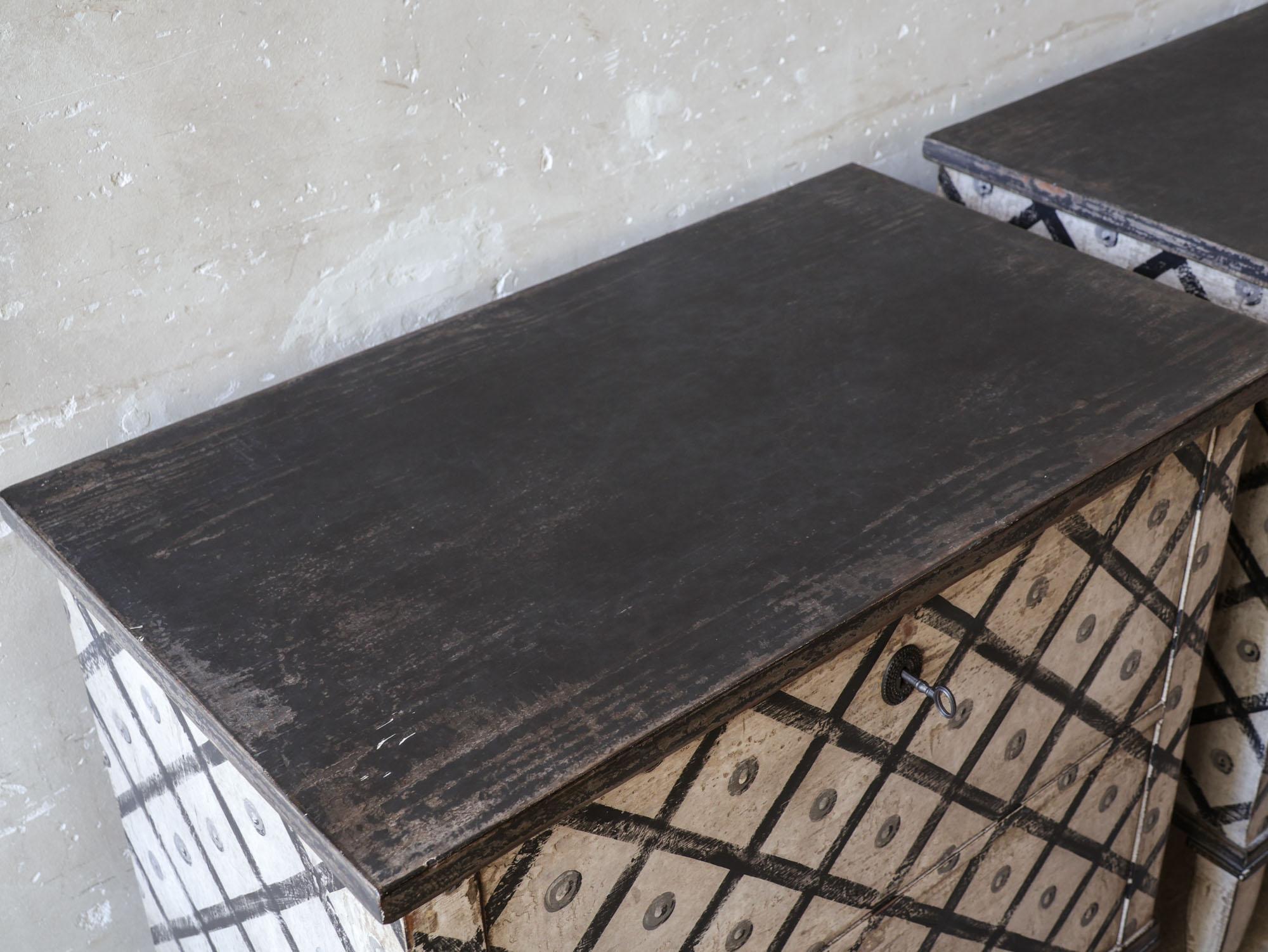 Pair of antique French bedside tables - chests of drawers with diamond pattern 2