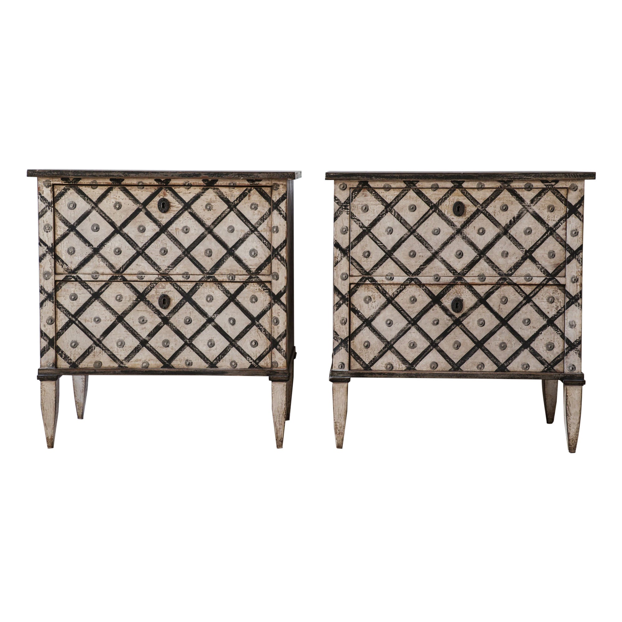 Pair of antique French bedside tables - chests of drawers with diamond pattern