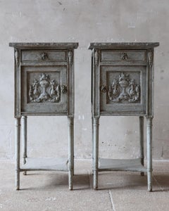 Pair of antique French bedside tables with grey patina