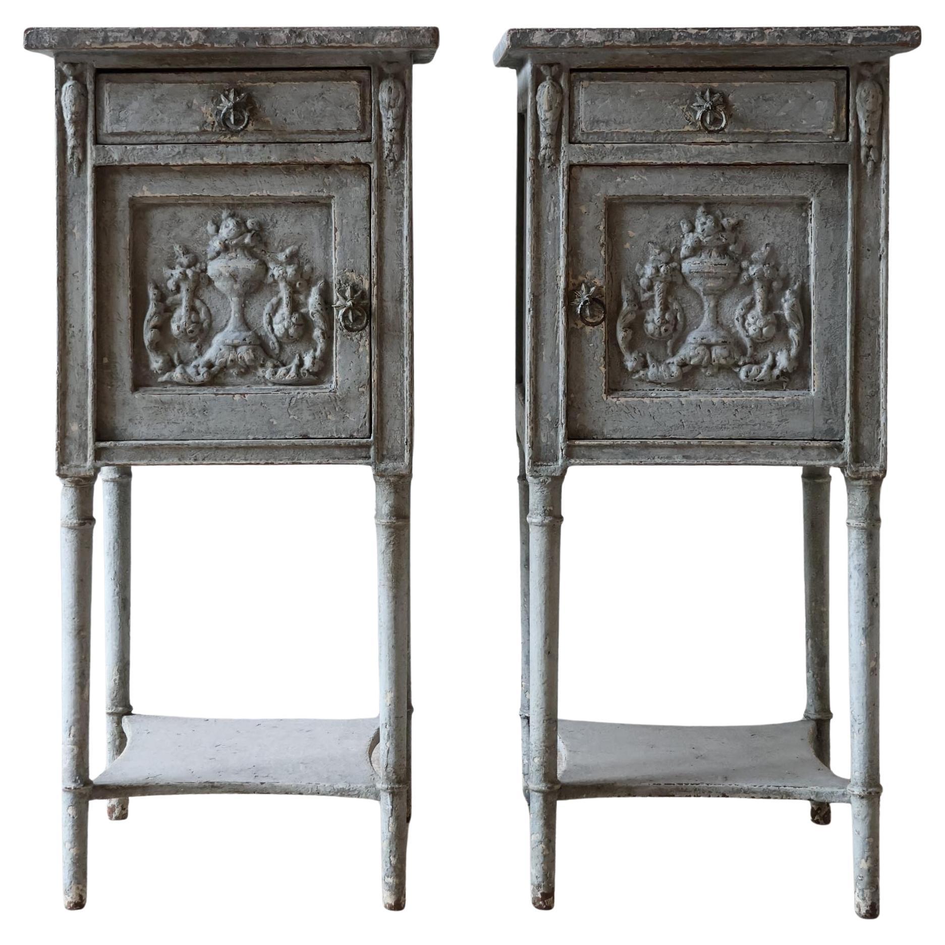 Pair of antique French bedside tables with grey patina