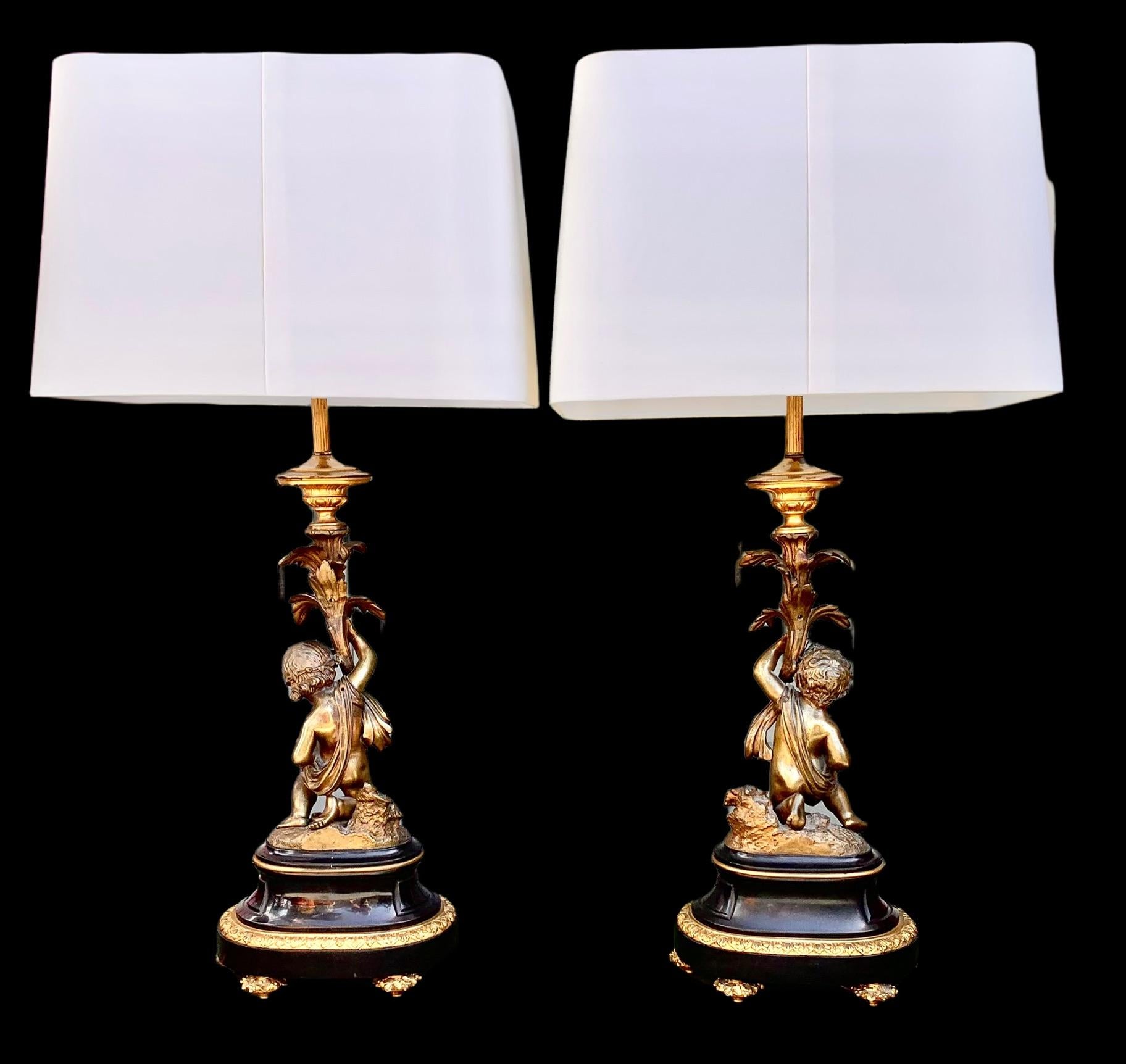 Cast Pair of Antique French Belle Epoch Bronze Dore' and Marble Candlestick Lamps