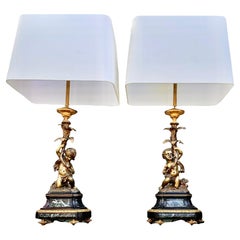 Pair of Antique French Belle Epoch Bronze Dore' and Marble Candlestick Lamps