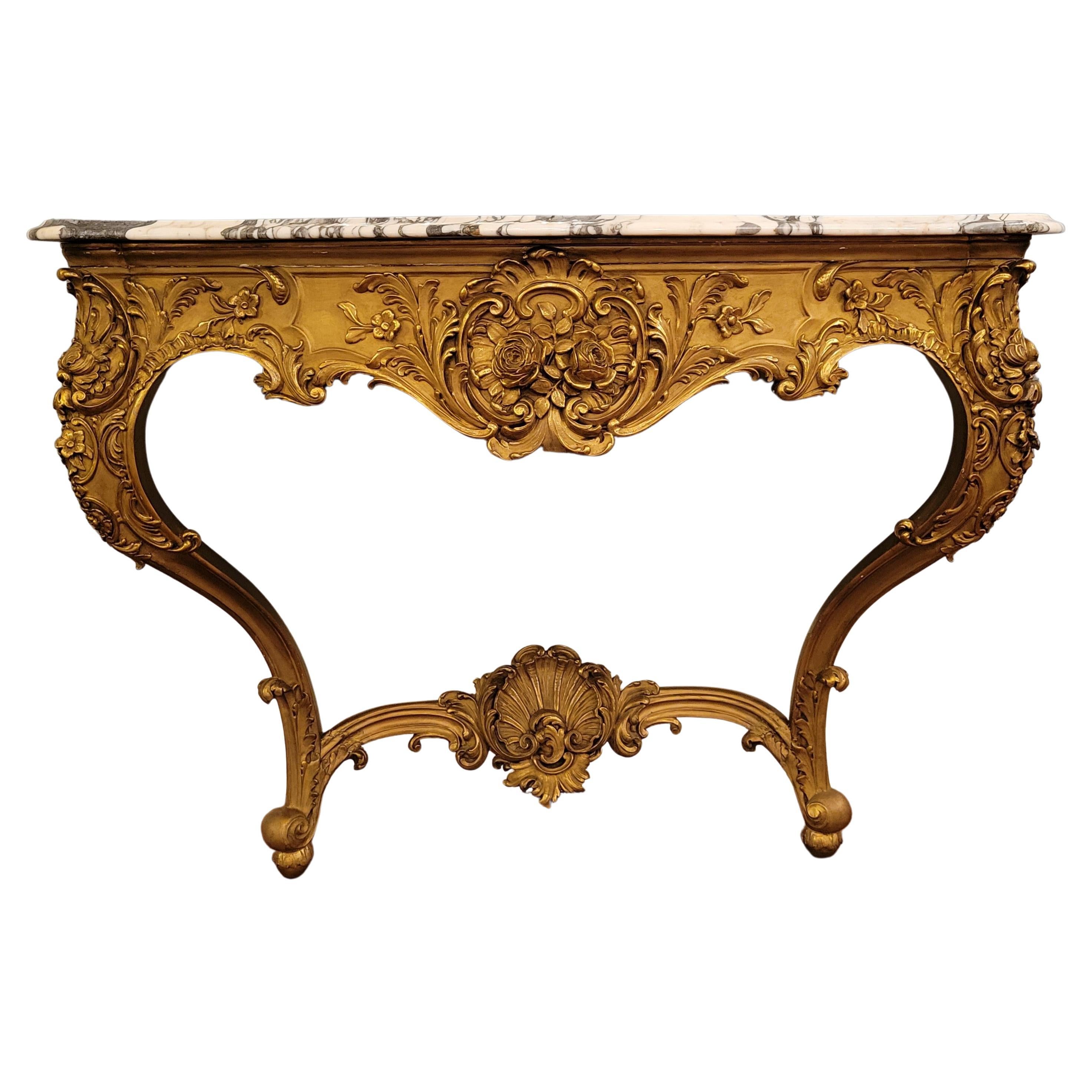 Pair Antique French "Belle Epoch" Gold Leaf Marble Top Consoles, Circa 1885-1895