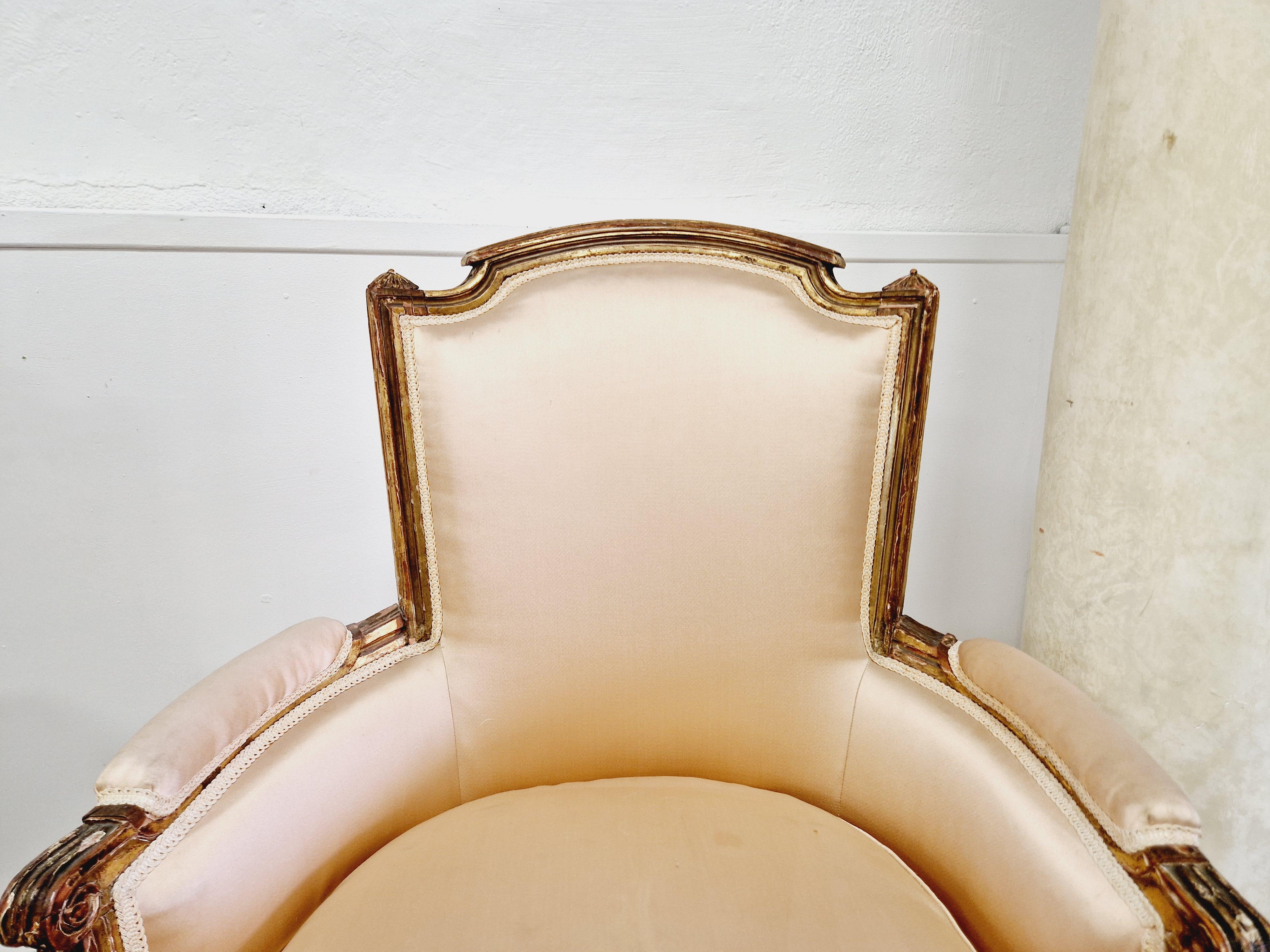 Gilt Pair of Antique French Bergère Armchairs 1780 For Sale
