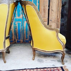 Pair of Antique Armchairs French 19th Century Yellow Silk Upholstery Bergère