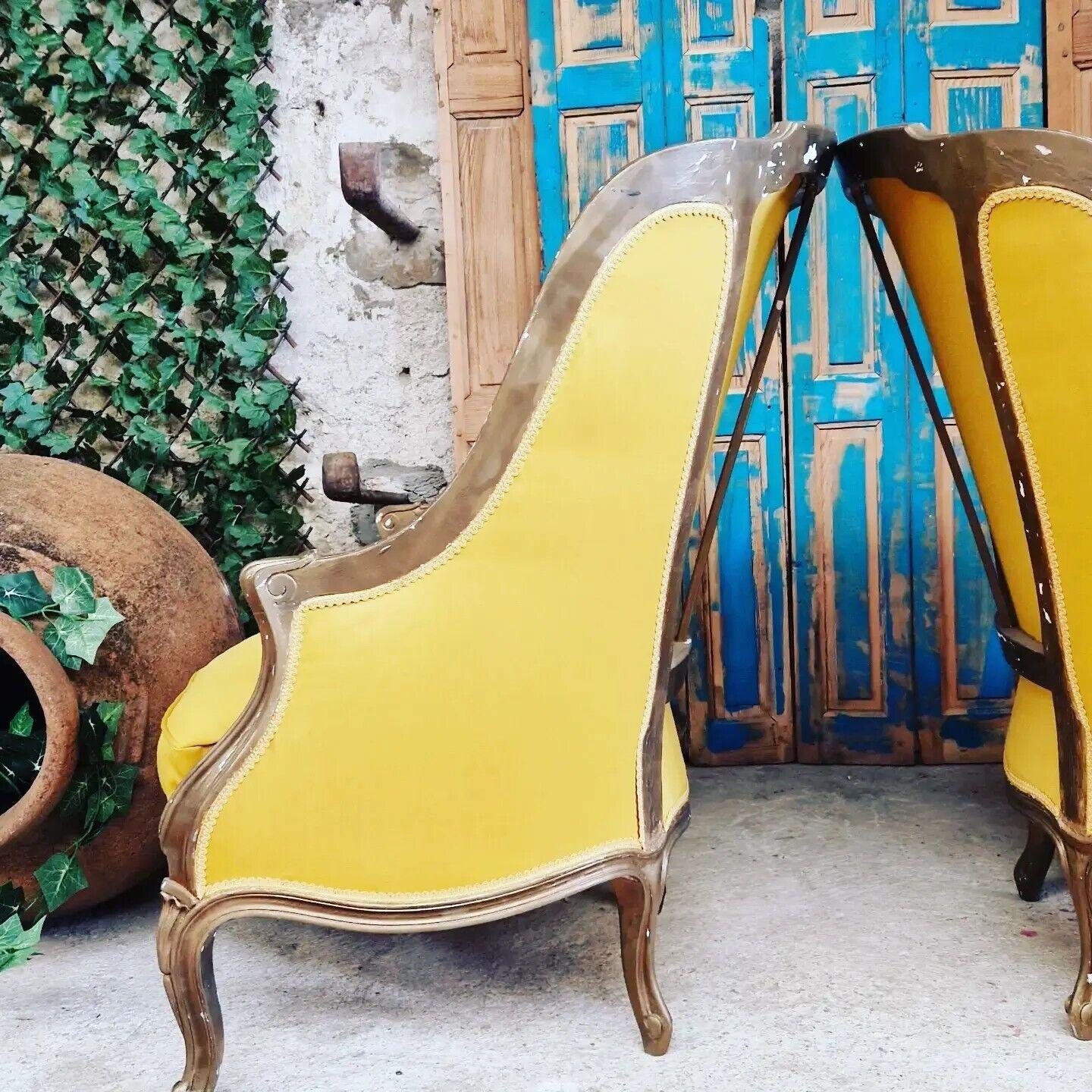 Gilt Pair of Antique Armchairs French 19th Century Yellow Silk Upholstery Bergère   