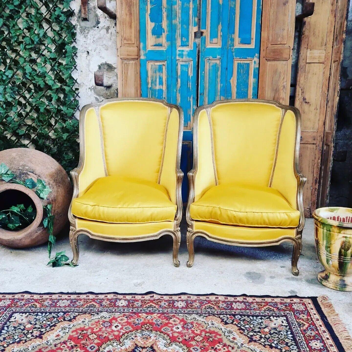 Pair of Antique Armchairs French 19th Century Yellow Silk Upholstery Bergère    In Good Condition In Buxton, GB
