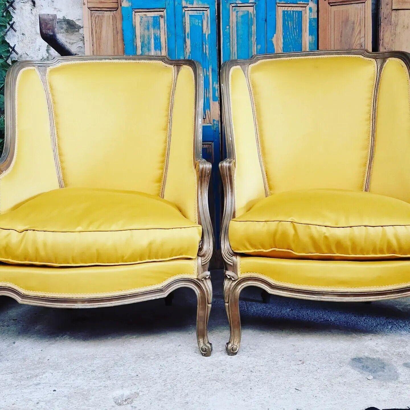 Pair of Antique Armchairs French 19th Century Yellow Silk Upholstery Bergère    2