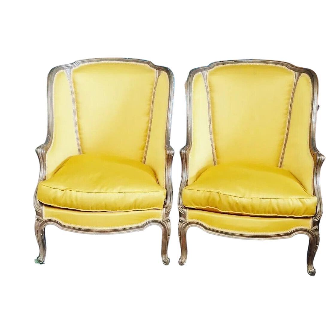 Pair of Antique Armchairs French 19th Century Yellow Silk Upholstery Bergère   