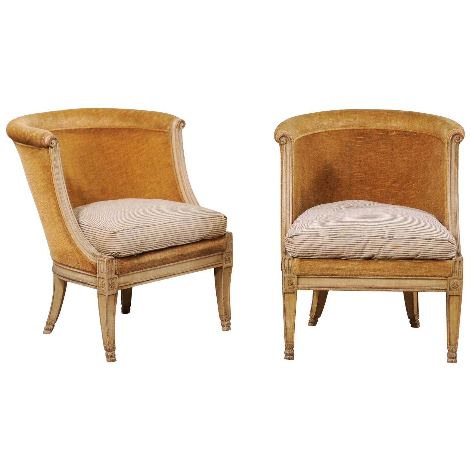 Pair of Antique French Bergères Barrel Back Club Chairs