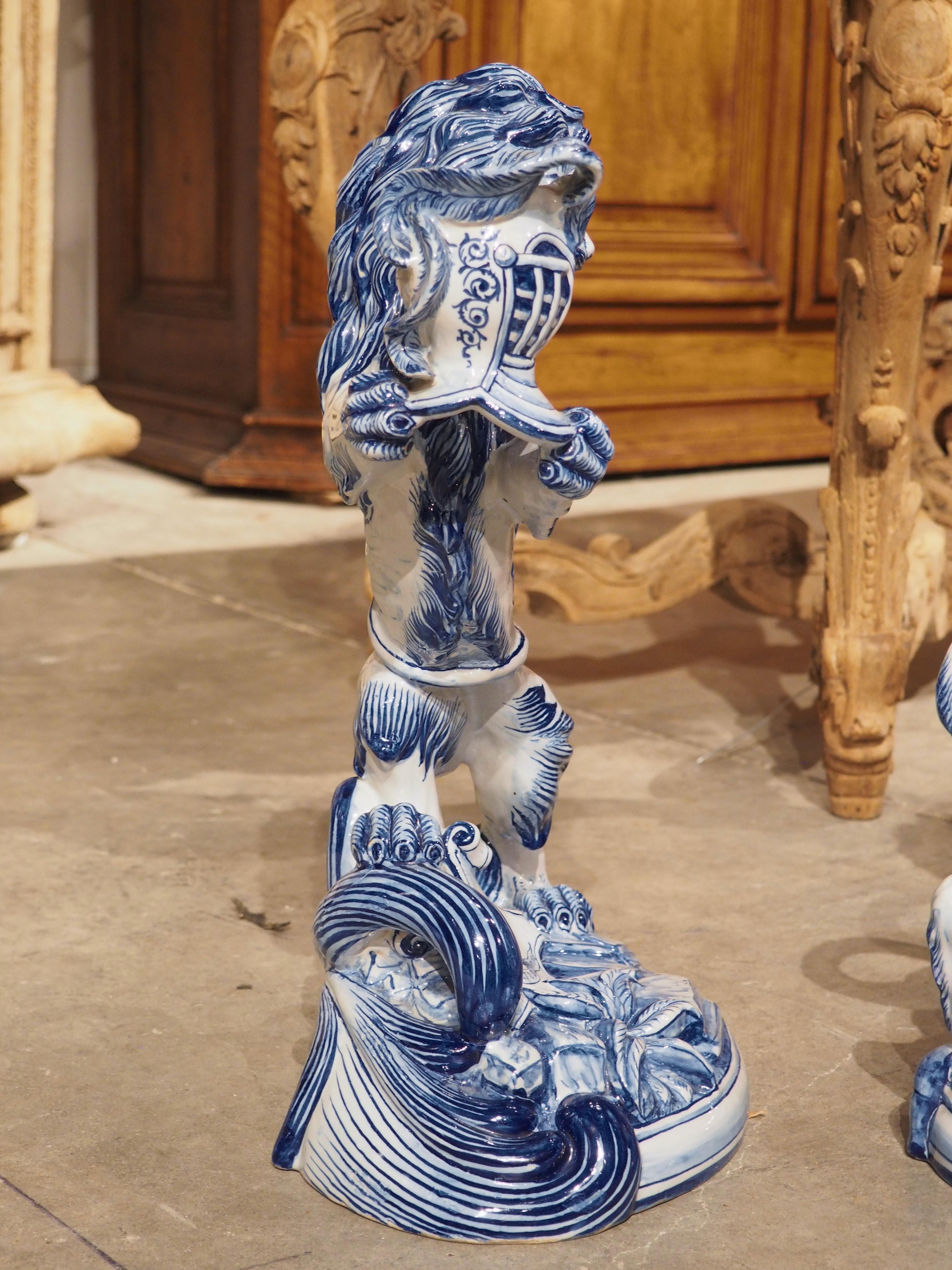 Pair of Antique French Blue and White Saint-Clément Faience Lion Candle Holders For Sale 5