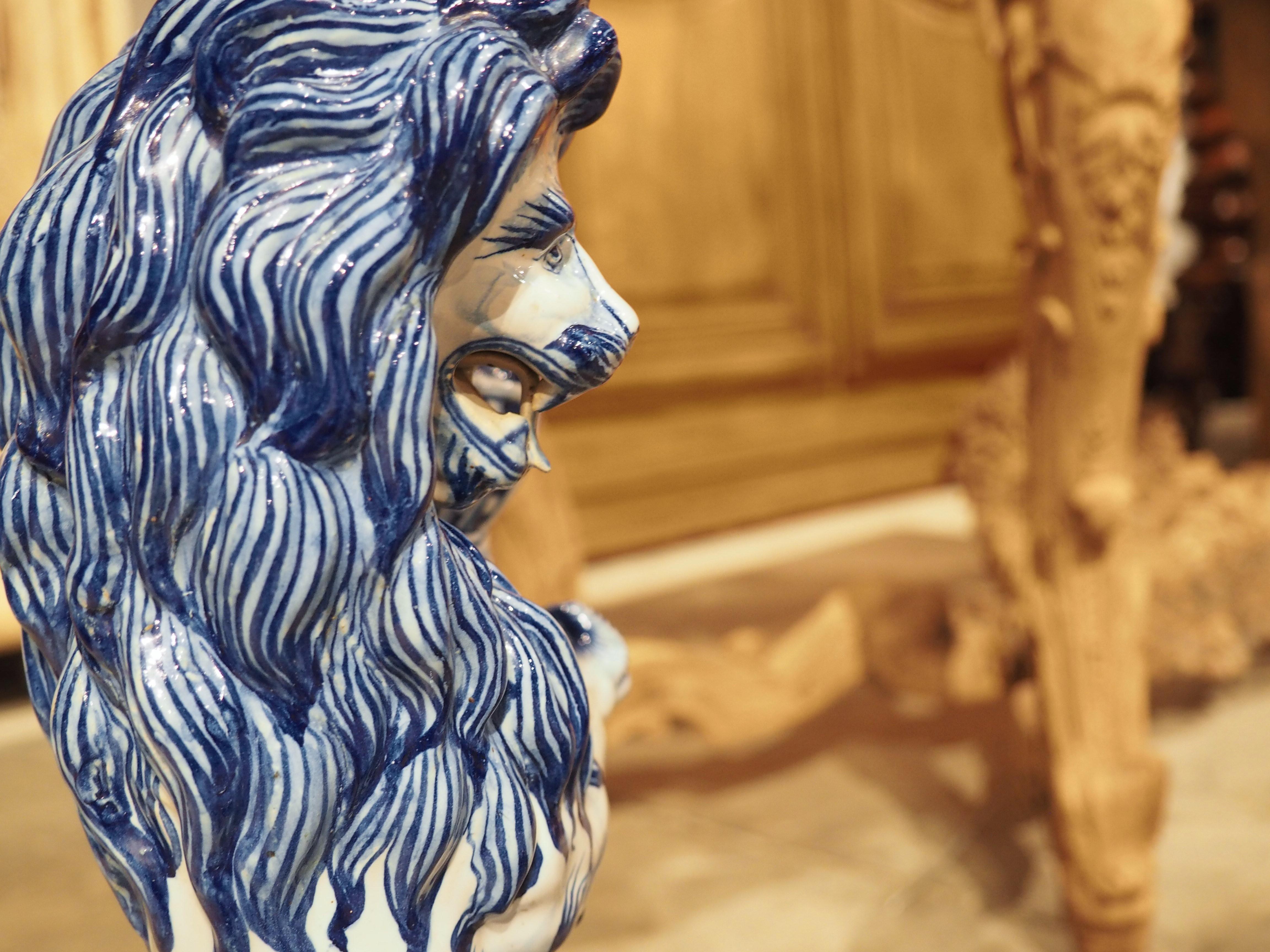 Pair of Antique French Blue and White Saint-Clément Faience Lion Candle Holders For Sale 12