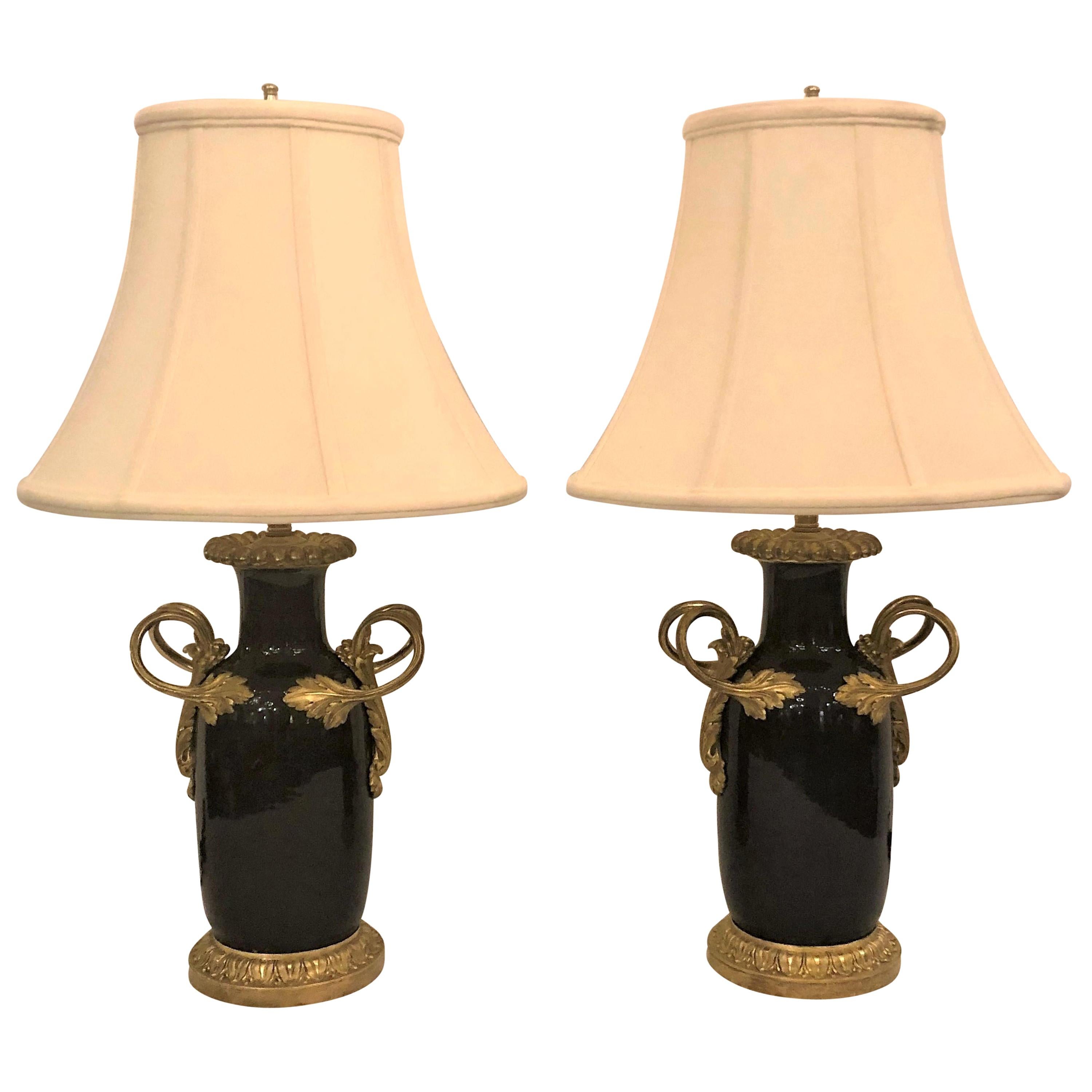 Pair of Antique French Blue Bronze Mounted Lamps