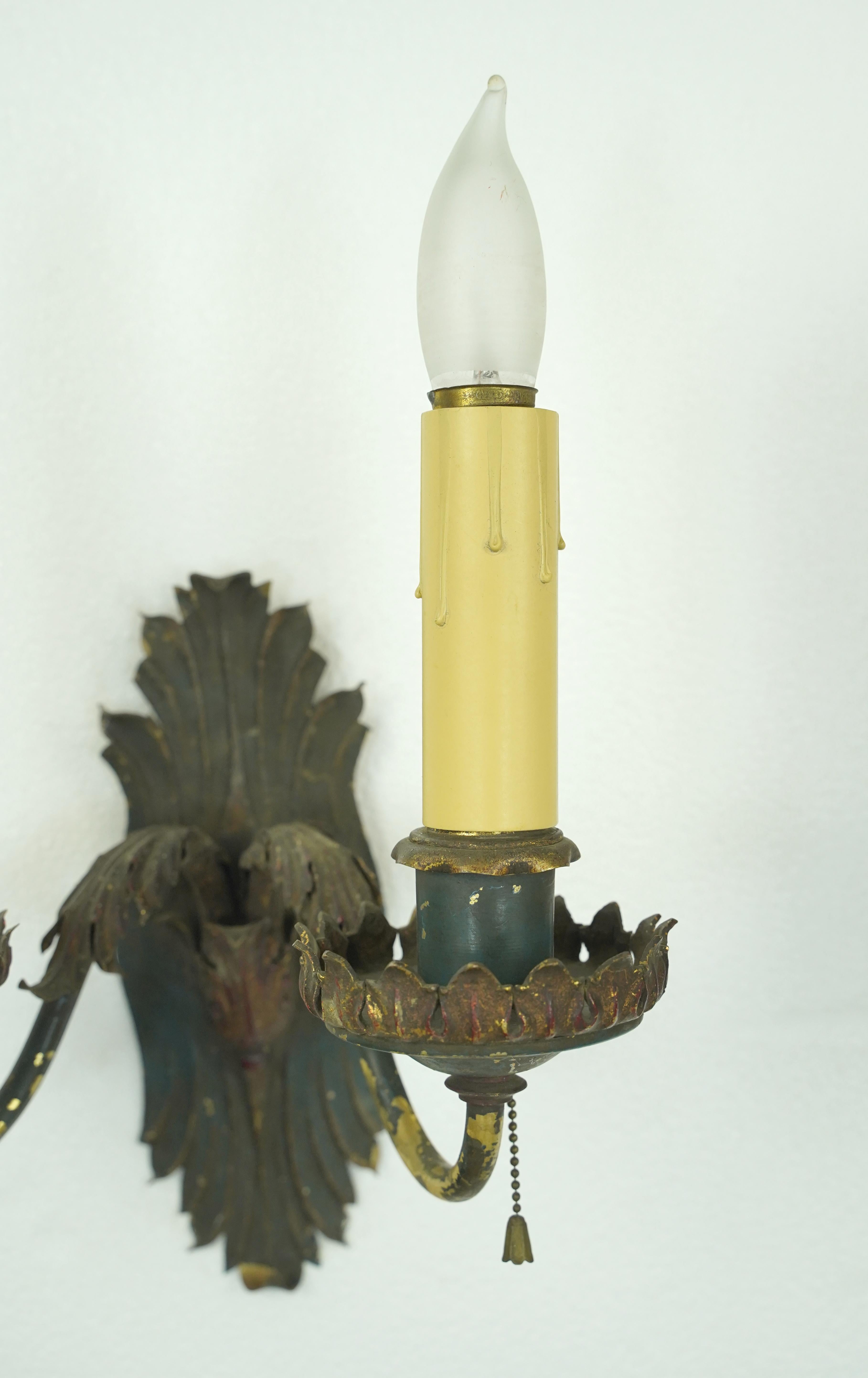 Pair of Antique French Brass 2 Arm Wall Sconces In Good Condition For Sale In New York, NY