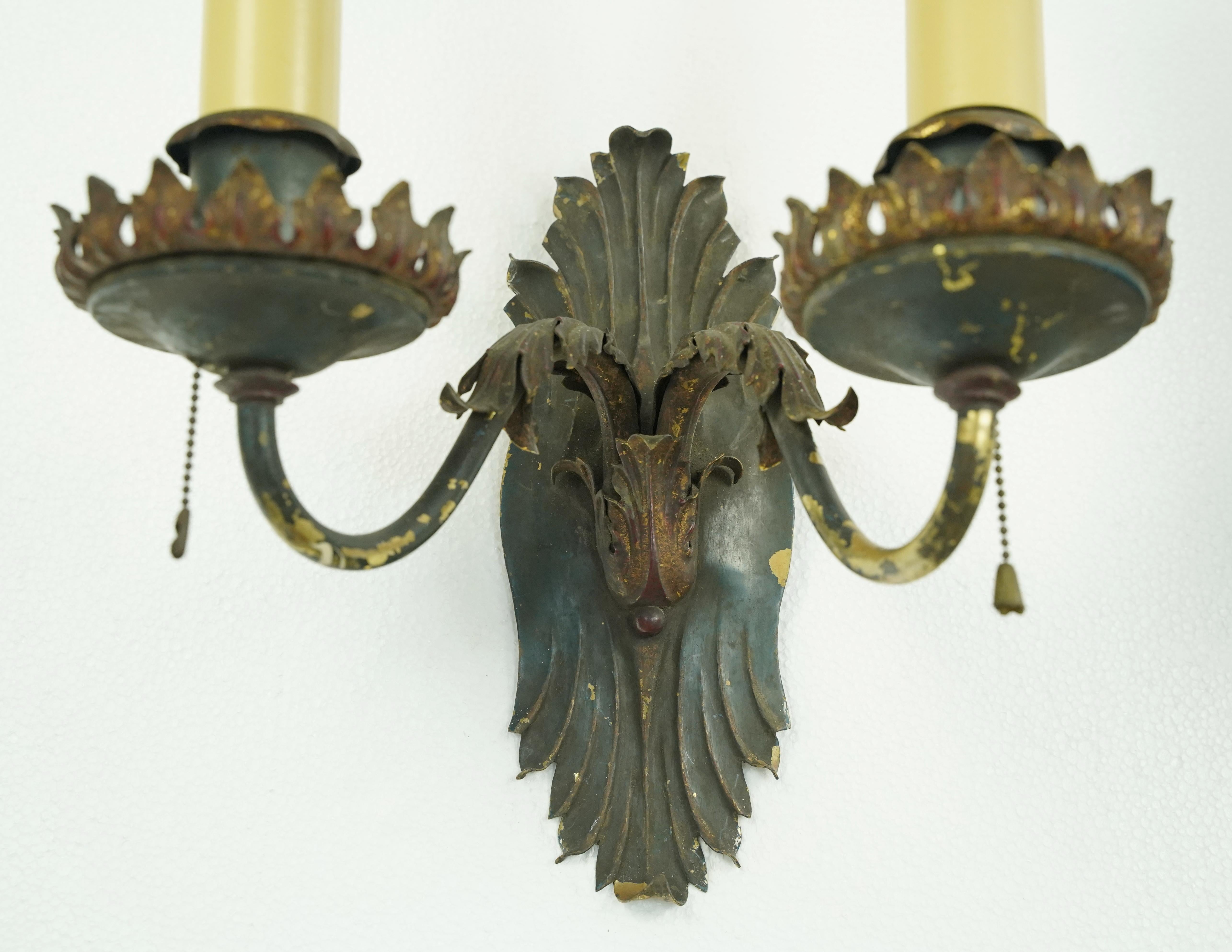 20th Century Pair of Antique French Brass 2 Arm Wall Sconces For Sale