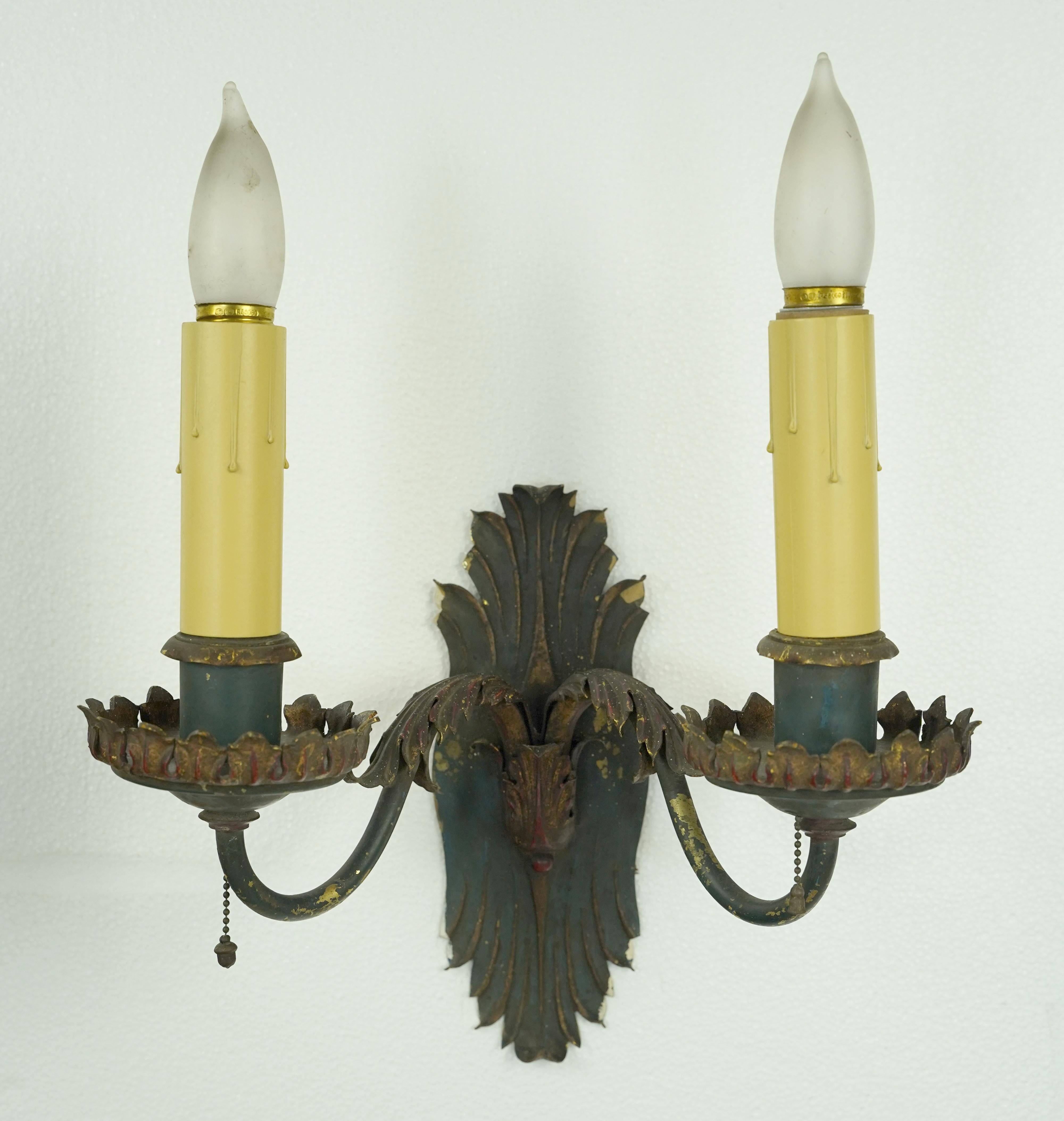 Pair of Antique French Brass 2 Arm Wall Sconces For Sale 1