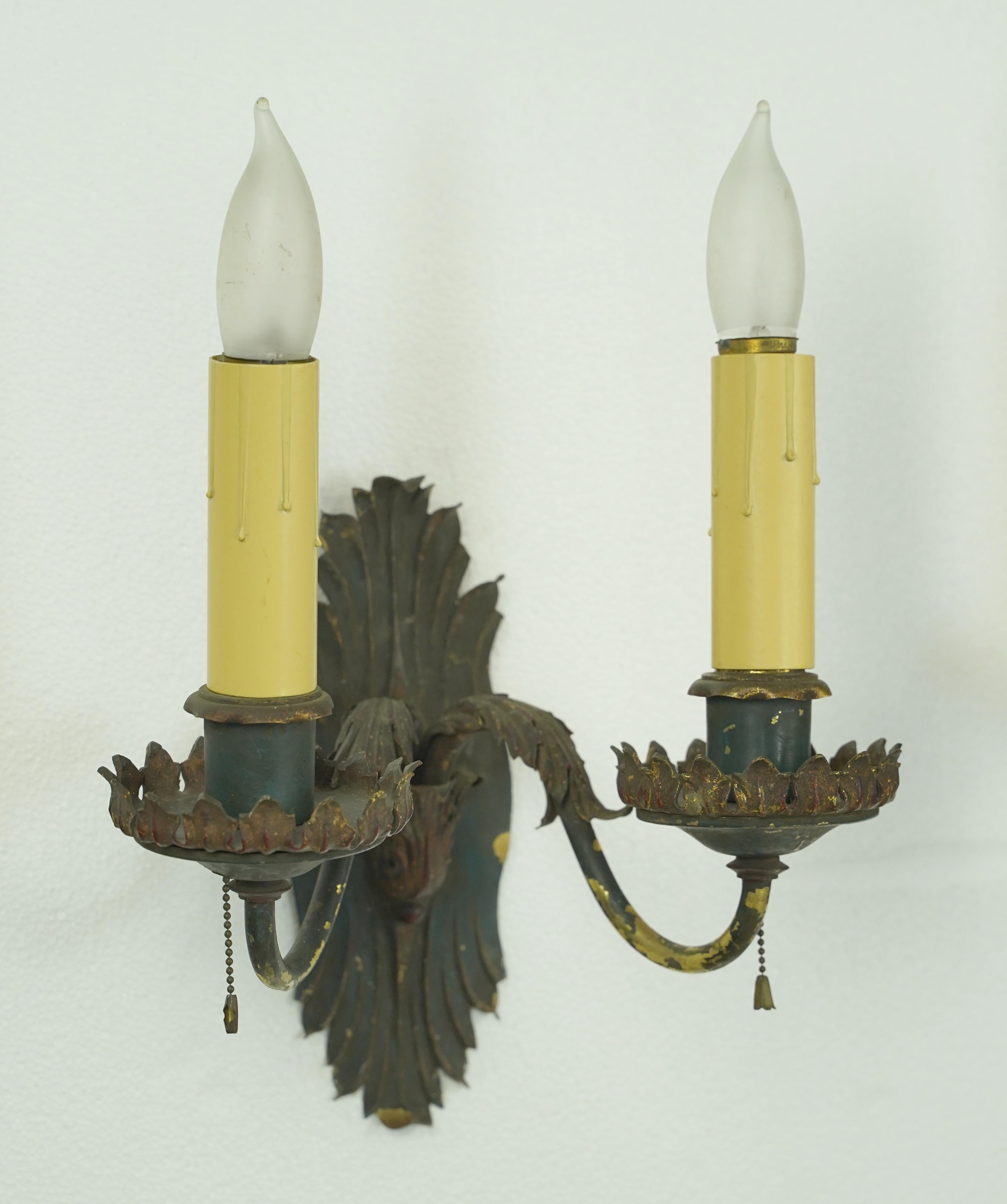 Pair of Antique French Brass 2 Arm Wall Sconces For Sale 4