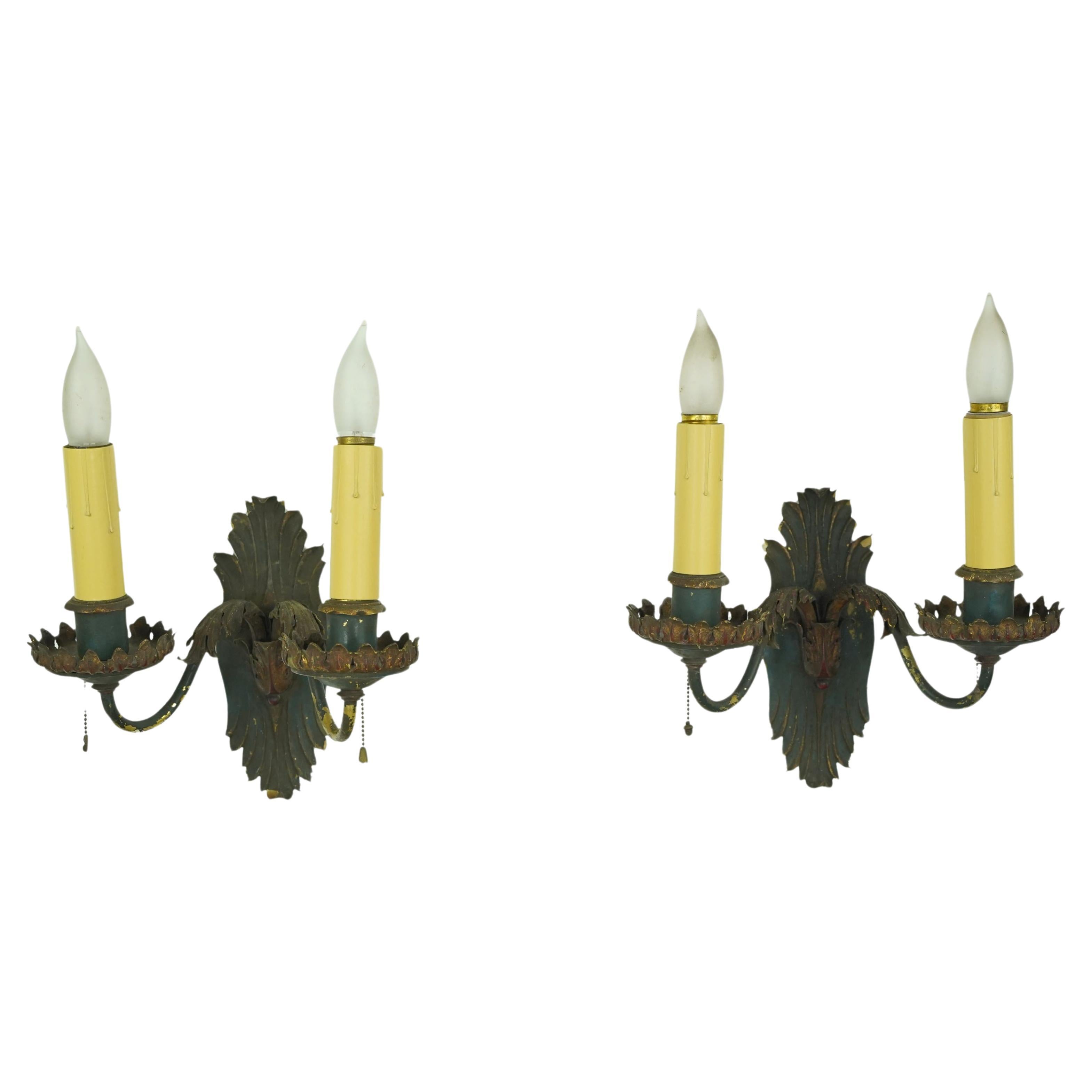 Pair of Antique French Brass 2 Arm Wall Sconces For Sale