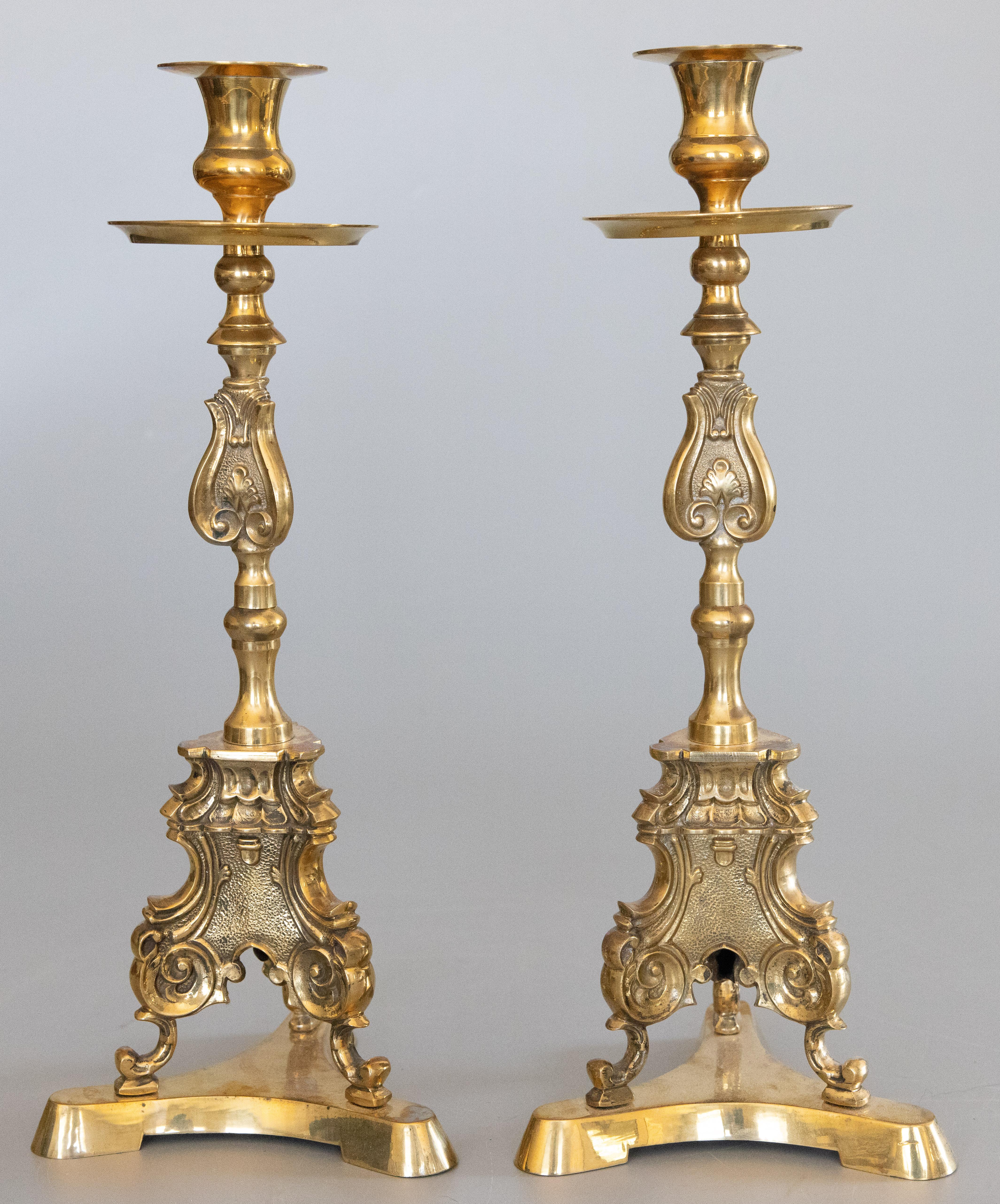 Art Nouveau Pair of Antique French Brass Altar Candlesticks, circa 1920 For Sale