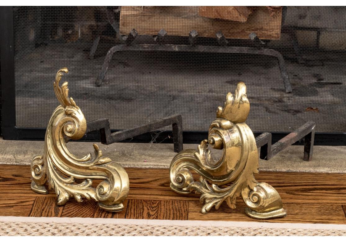 Rococo Pair Of Antique French Brass And Iron Fireplace Chenets For Sale