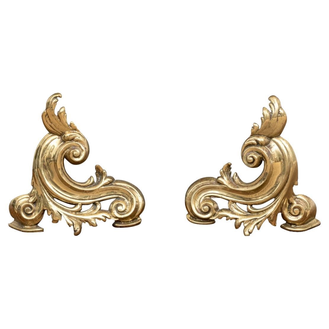Pair Of Antique French Brass And Iron Fireplace Chenets For Sale
