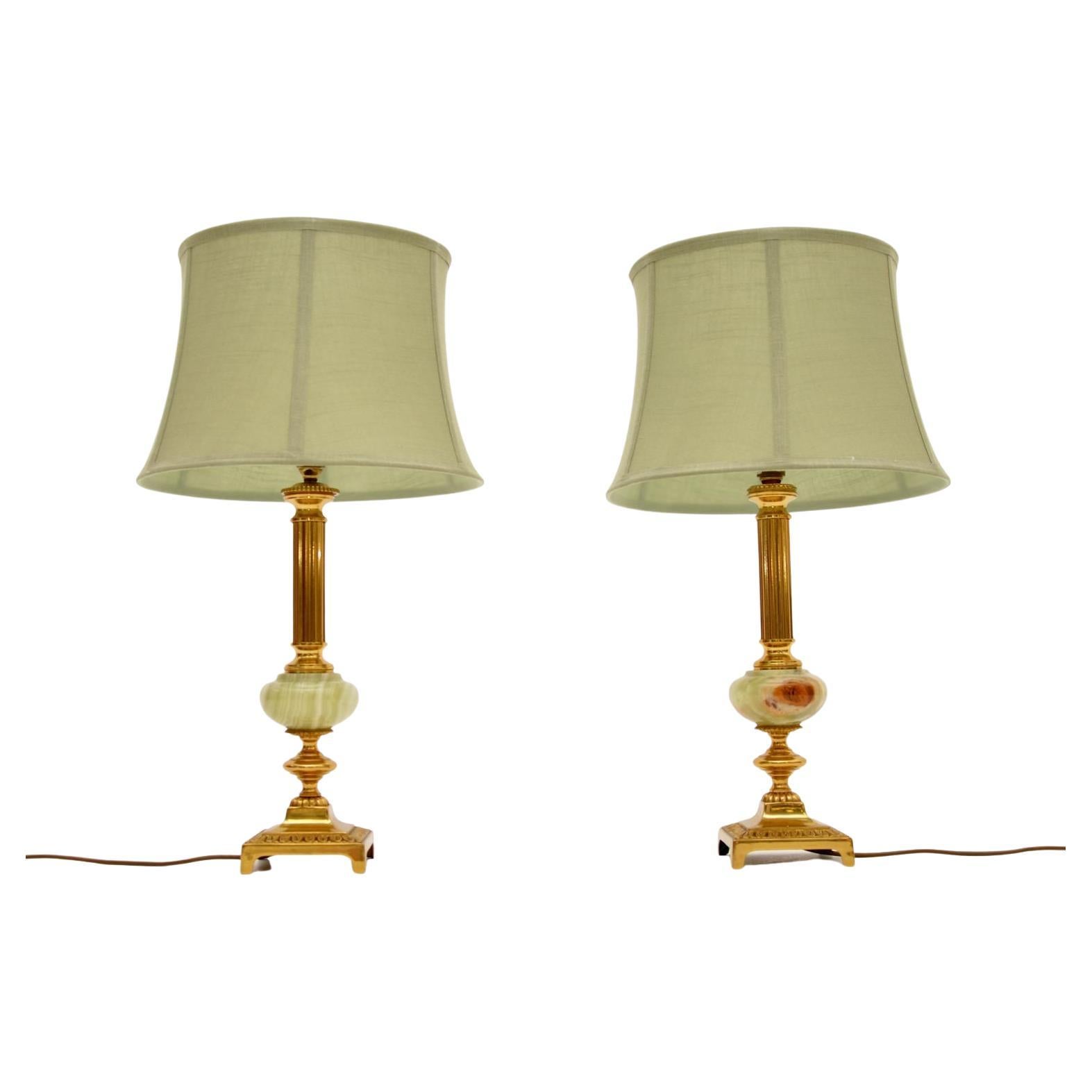 Pair of Antique French Brass and Onyx Table Lamps For Sale