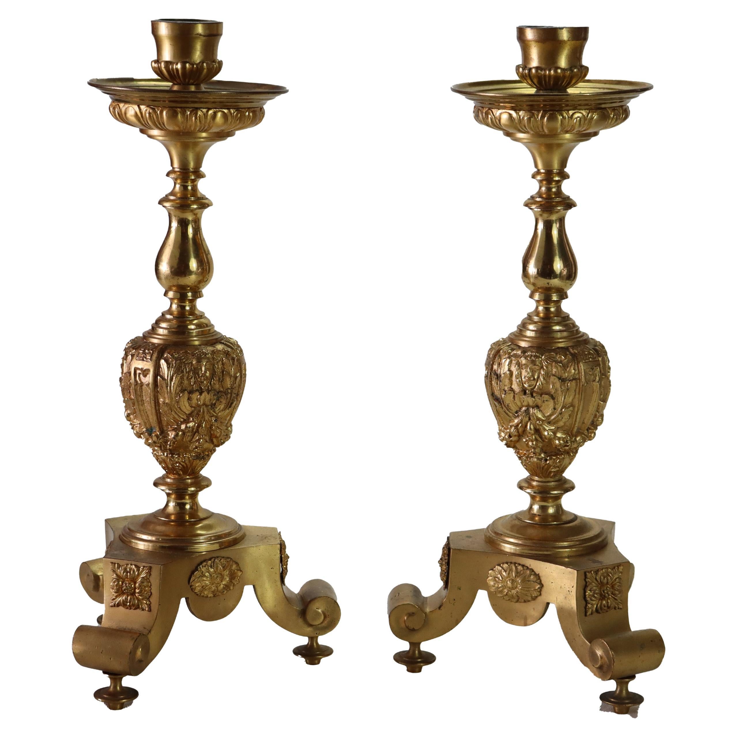 Pair of Antique French Brass & Fire Gilt Bronze Figural Candlesticks C1890